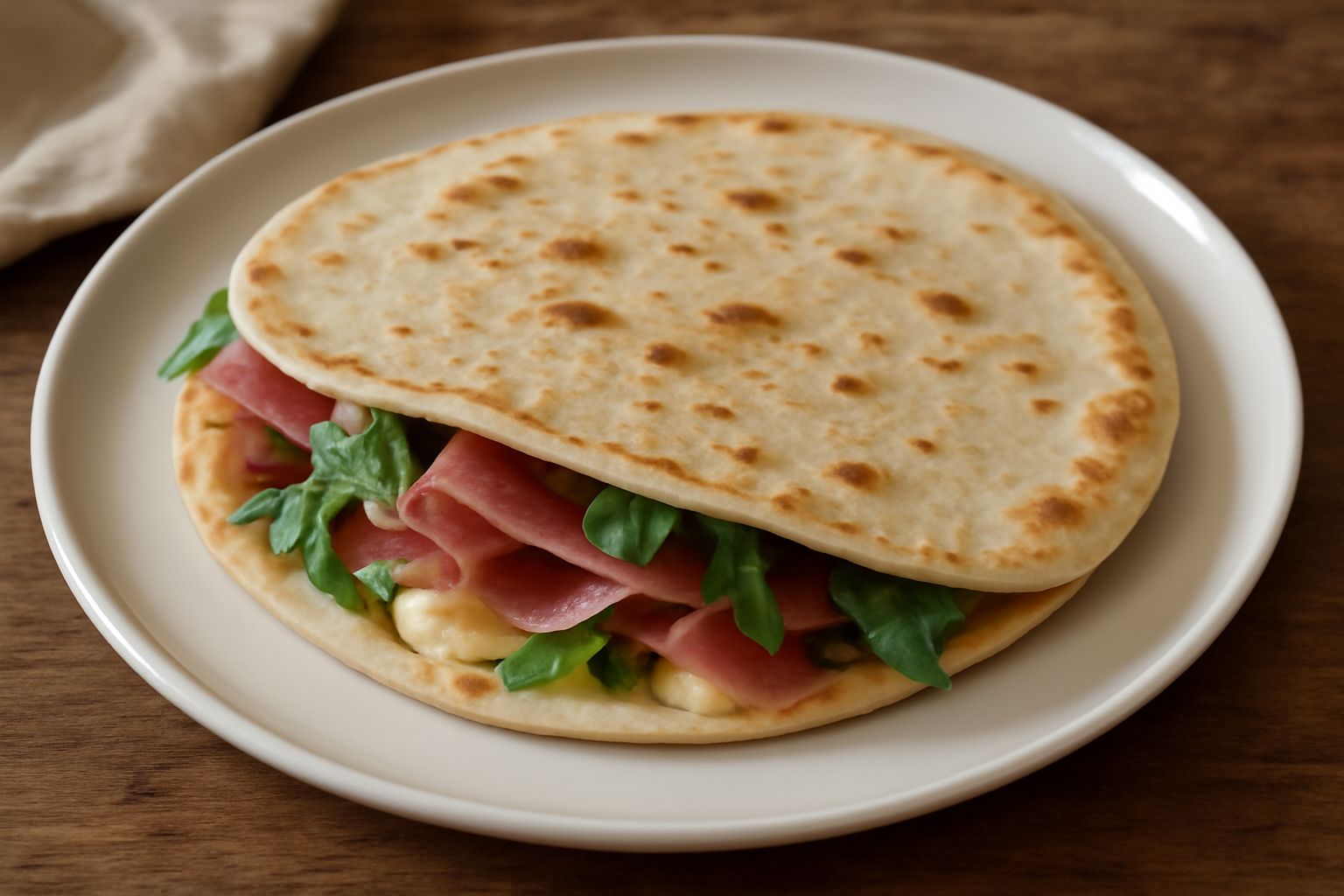 Piadina reggiana dorata con macchie marroni appena sfornata dalla piastra, appoggiata su un canovaccio bianco, leggermente pieghevole, vapore caldo visibile