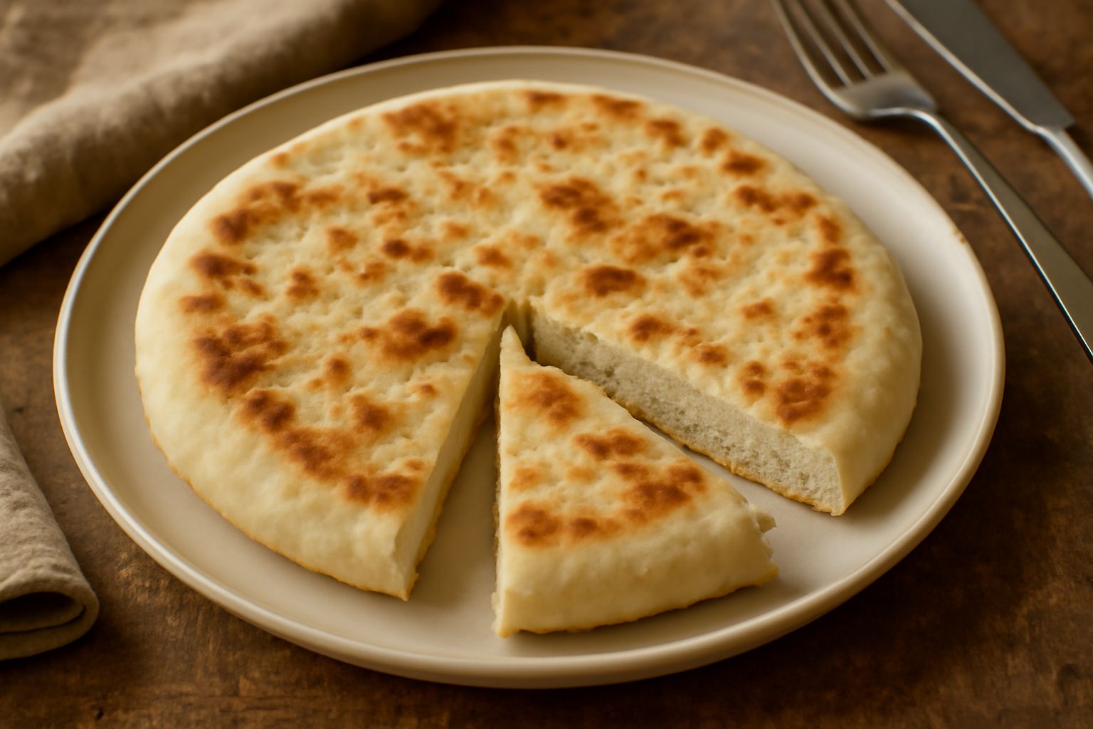 Piadina tonda e dorata servita nel piatto bianco, leggermente gonfia, con segni di cottura in padella, contorno di verdure fresche e olio di oliva