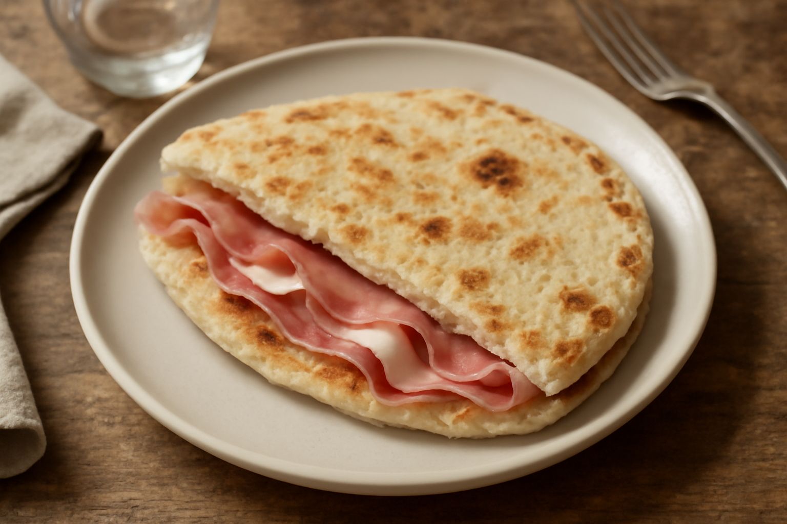 Piadina ripiena rotonda e dorata su piatto bianco, tagliata a metà mostrando il ripieno di prosciutto, formaggio e verdure verdi, con vapore ancora visibile
