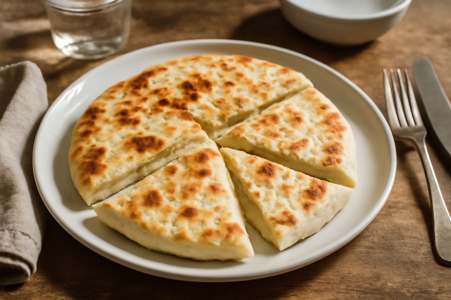Piadina rotonda e dorata appena tolta dalla padella, leggermente gonfia, con formaggio cremoso che filaccia dai bordi, ritagliata a spicchi triangolari, servita su un piatto bianco