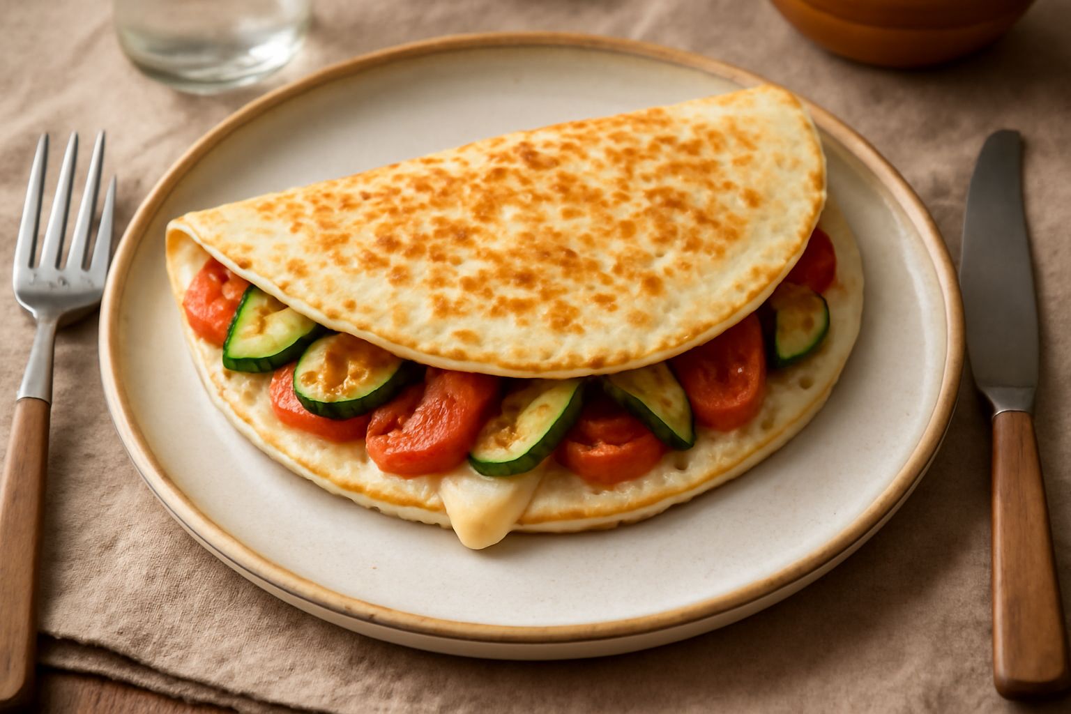 Piadina ripiena appena sfornata, dorata e croccante, tagliata a metà per mostrare il ripieno di formaggio cremoso e strisce di zucchina e pomodoro rosso vivo, servita su un piatto bianco con contorno 