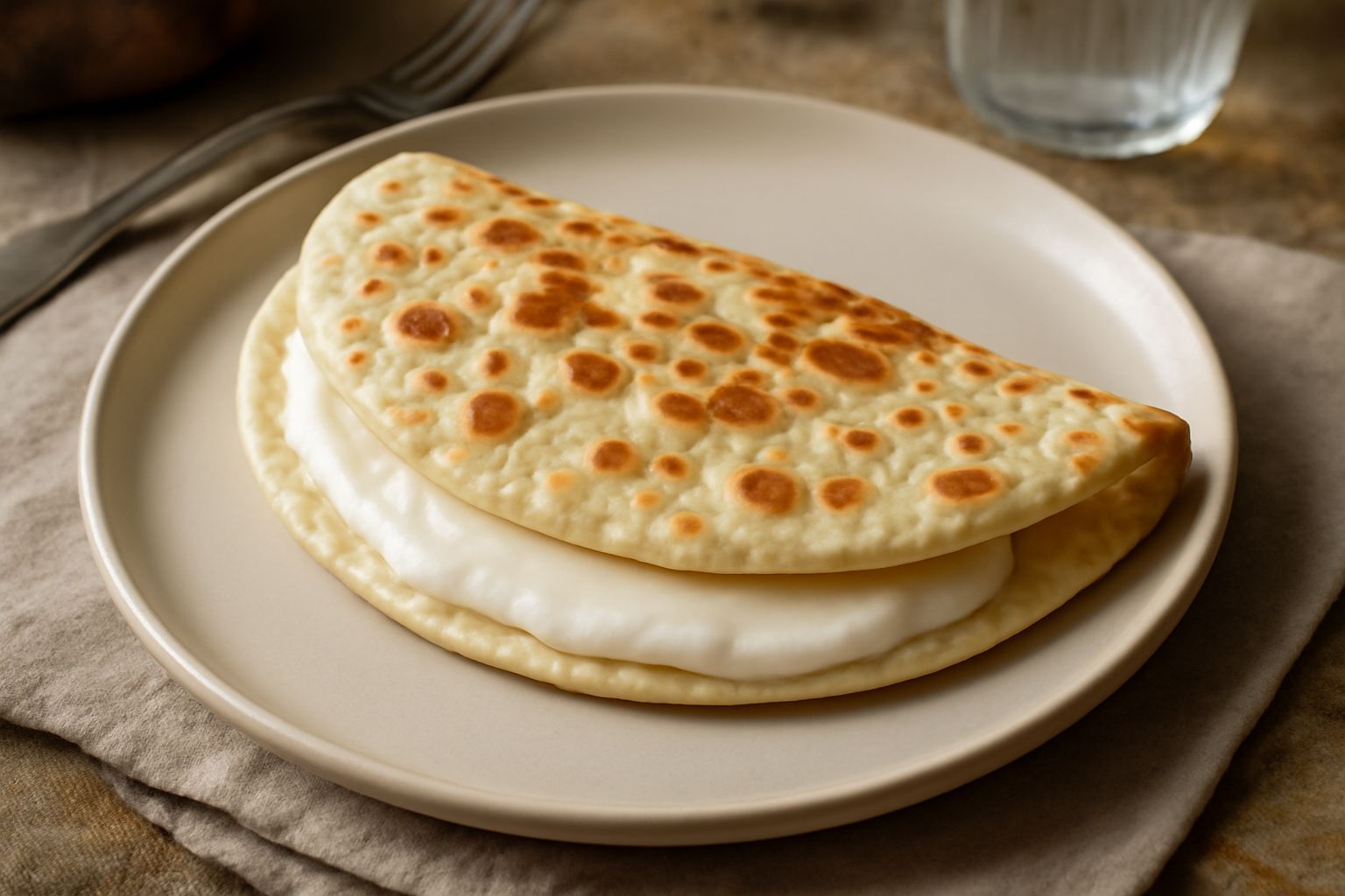 Piadina dorata e croccante tagliata a metà, ripiena di squacquerone bianco cremoso, servita su piatto bianco con contorno di rucola fresca verde