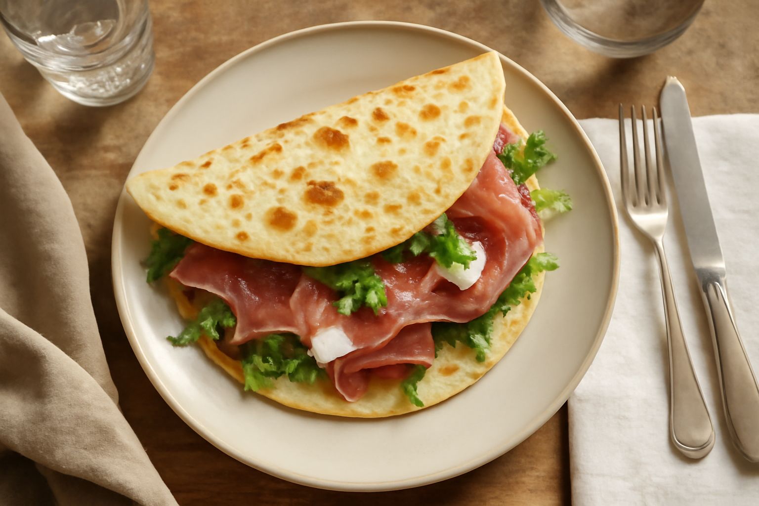 Piadina romagnola appena cotta su un testo di ghisa, dorata con macchie marroni, vapore che sale, accanto burro e un piattino di sale grosso