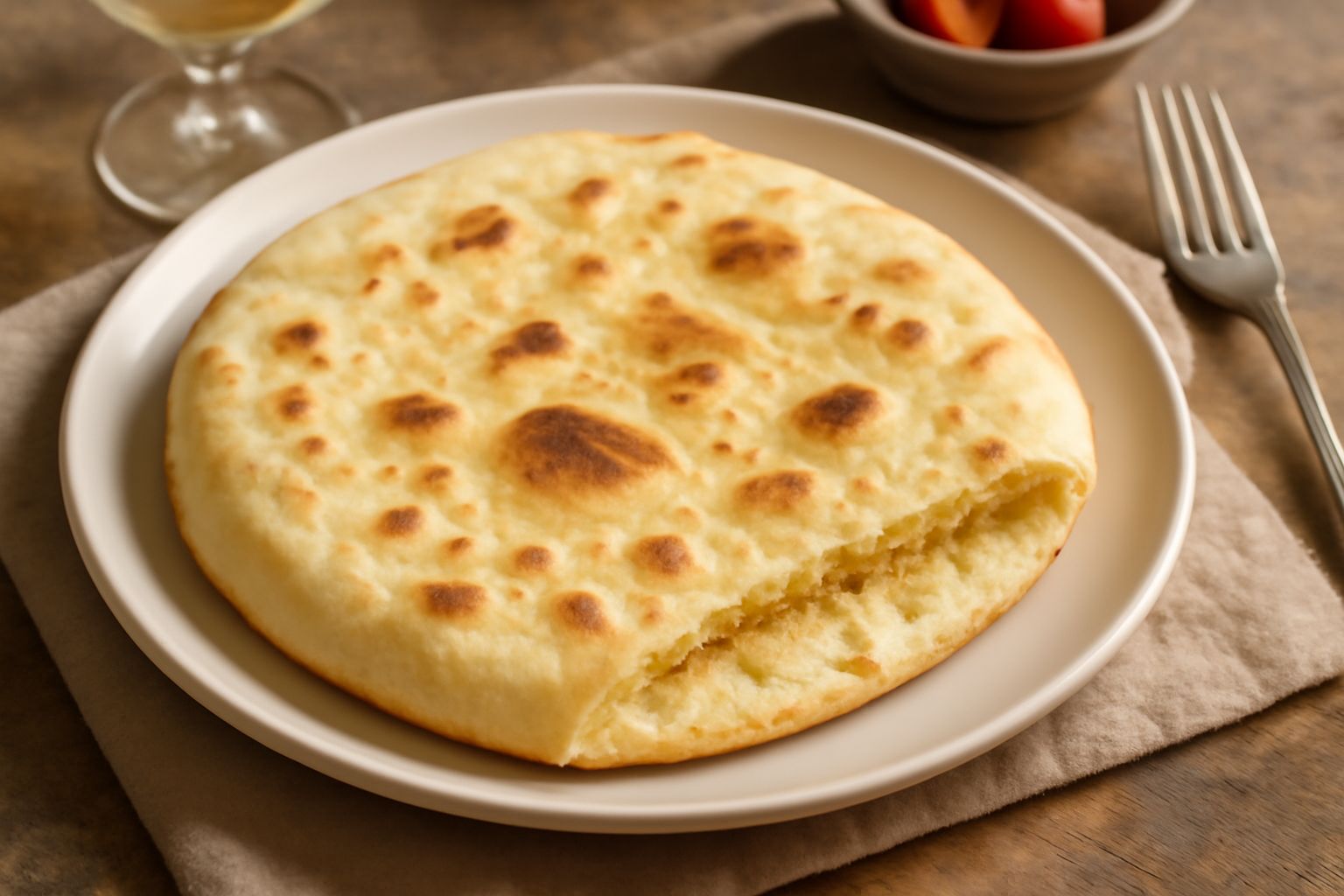 Piadina romana appena cotta, rotonda e dorata con leggere bolle sulla superficie, poggiata su un piatto bianco, vapore ancora visibile