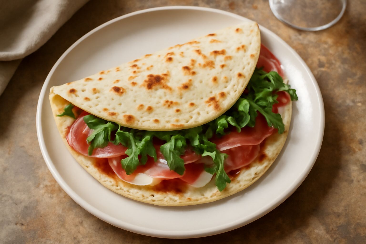 Piadina rotonda dorata su un piatto bianco, leggermente gonfia, con striature di cottura sulla superficie.