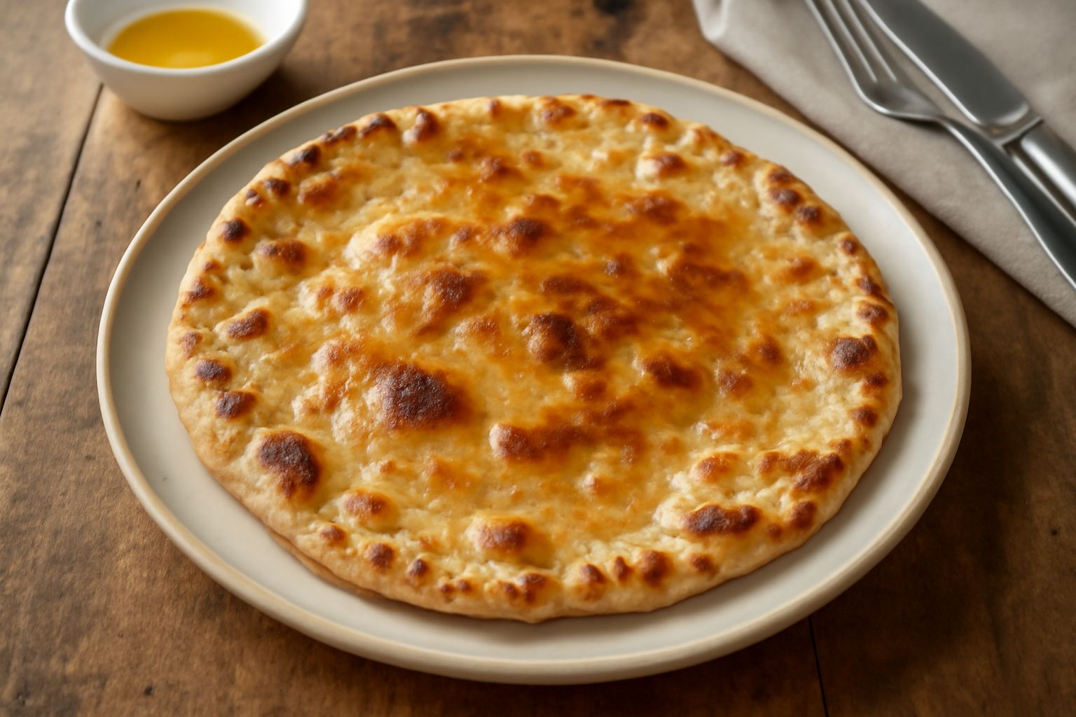 Piadina unta appena cotta in padella, dorata e croccante sui bordi, leggermente gonfia al centro, con aloni di grasso brunastro sulla superficie, servita su un piatto bianco con tovagliolo di lino