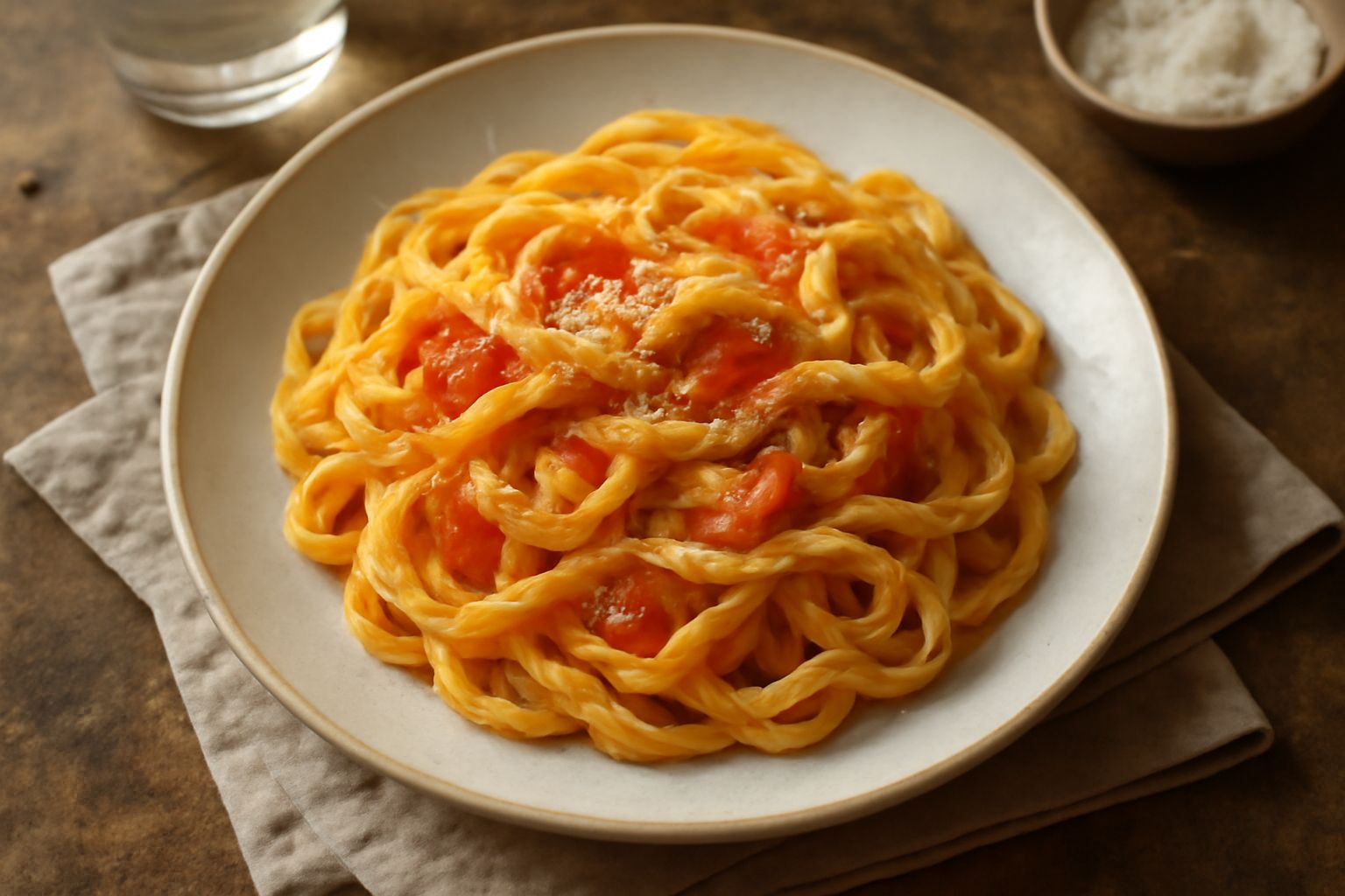 Pasta fresca all'uovo giallo oro appena tirata, arrotolata leggera su un piano di marmo bianco con una spolverata di farina, accanto una forchetta in legno