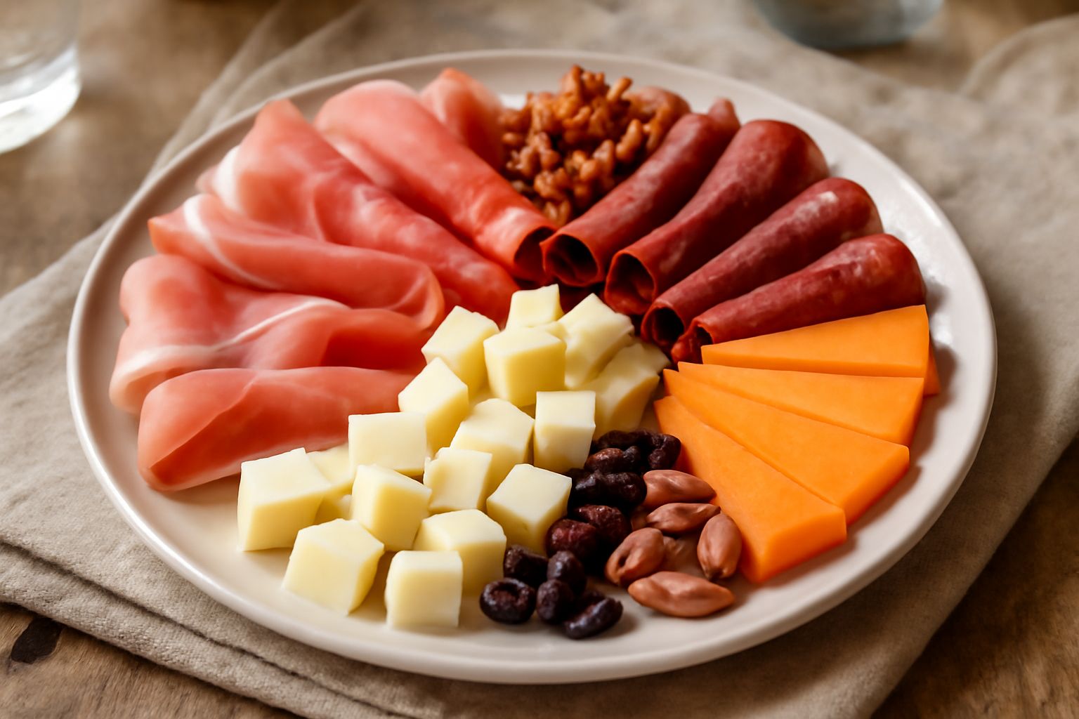 Piatto bianco con assortimento di formaggi a fette e cubetti bianchi, gialli e arancioni, salumi rossi e rosa disposti in spirale, accompagnati da noci, mandorle e olive nere, con pane tostato ai bord