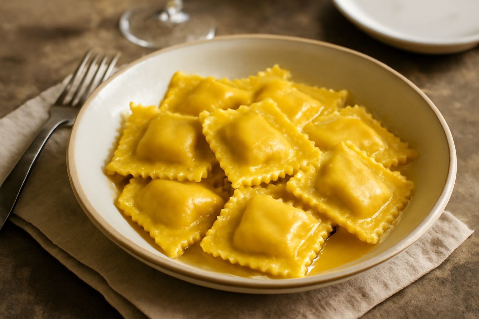 Quattro tortelloni forlivesi quadrati di pasta gialla serviti in un piatto fondo di porcellana bianca, ricoperti di burro fuso e parmigiano grattugiato, con foglie di salvia verde accanto