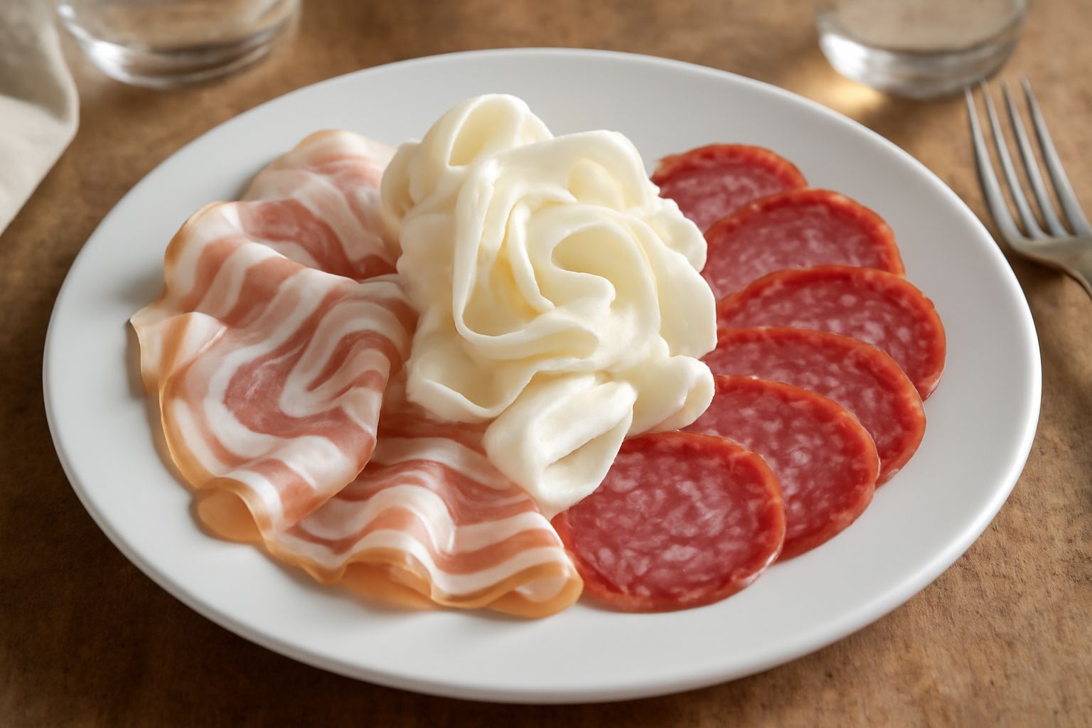 Tagliere rotondo di legno chiaro con fette di prescinseua bianca e cremosa, pancetta rosa pallido, speck affumicato marrone, accompagnati da foglie di rucola e pane tostato ai lati