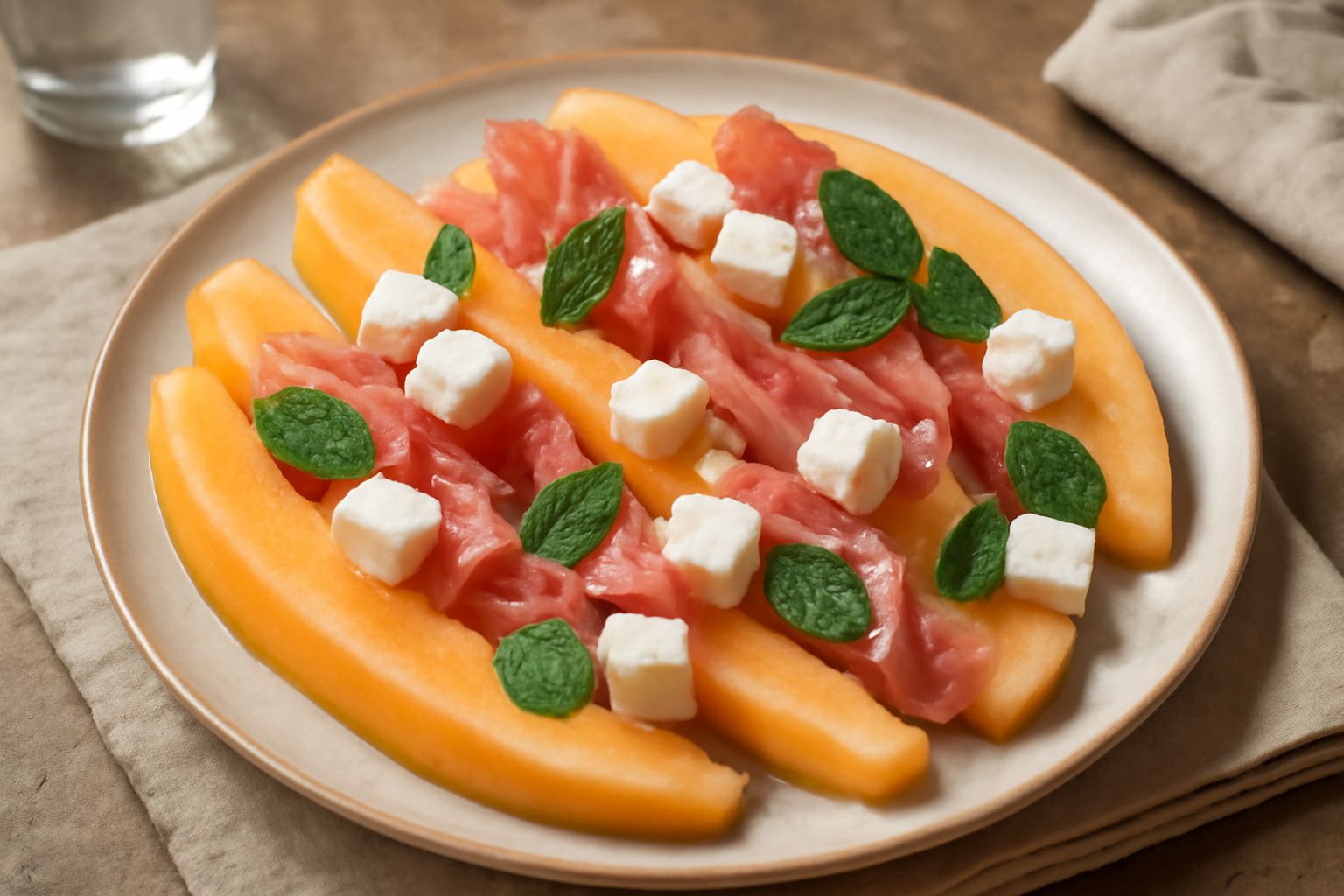 Piatto bianco con fette di melone giallo pallido, strisce di prosciutto rosa, cubetti di feta bianca, foglie di menta verde fresca e gocce di olio d'oliva, servito su tavolo di legno con bicchiere d'a