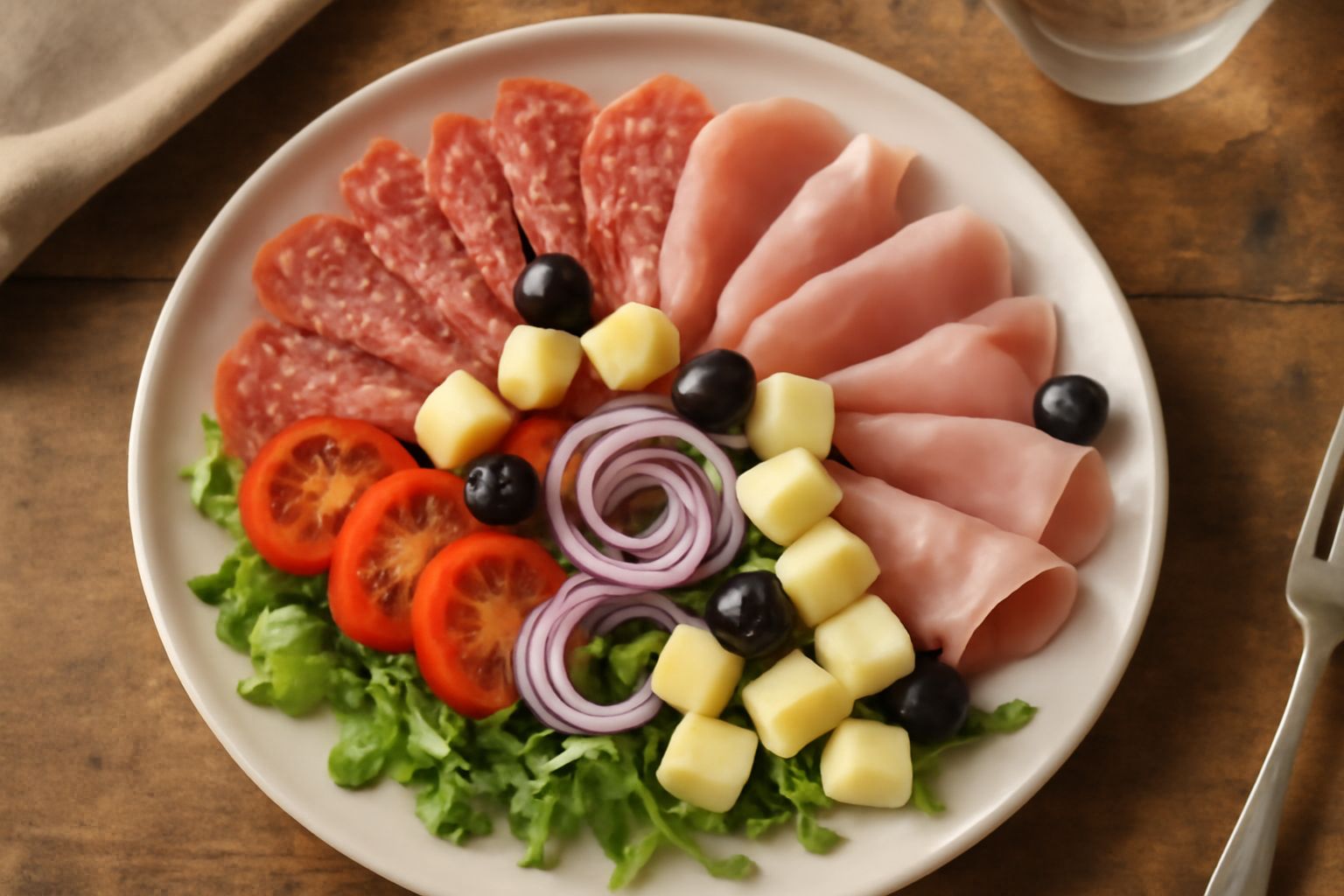 Piatto bianco con affettati rossi e rosa, cubetti di formaggi bianchi, pomodori rossi affettati, olive nere e cipolle viola sottili, con fette di pane tostato ai bordi e rucola fresca sopra