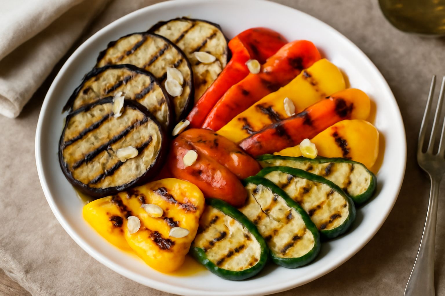 Piatto bianco con melanzane grigliate viola scuro, peperoni rossi e gialli a strisce, zucchine verdi grigliate, con gocce d'olio trasparente, aglio thinly sliced e foglie di basilico fresche sparse in