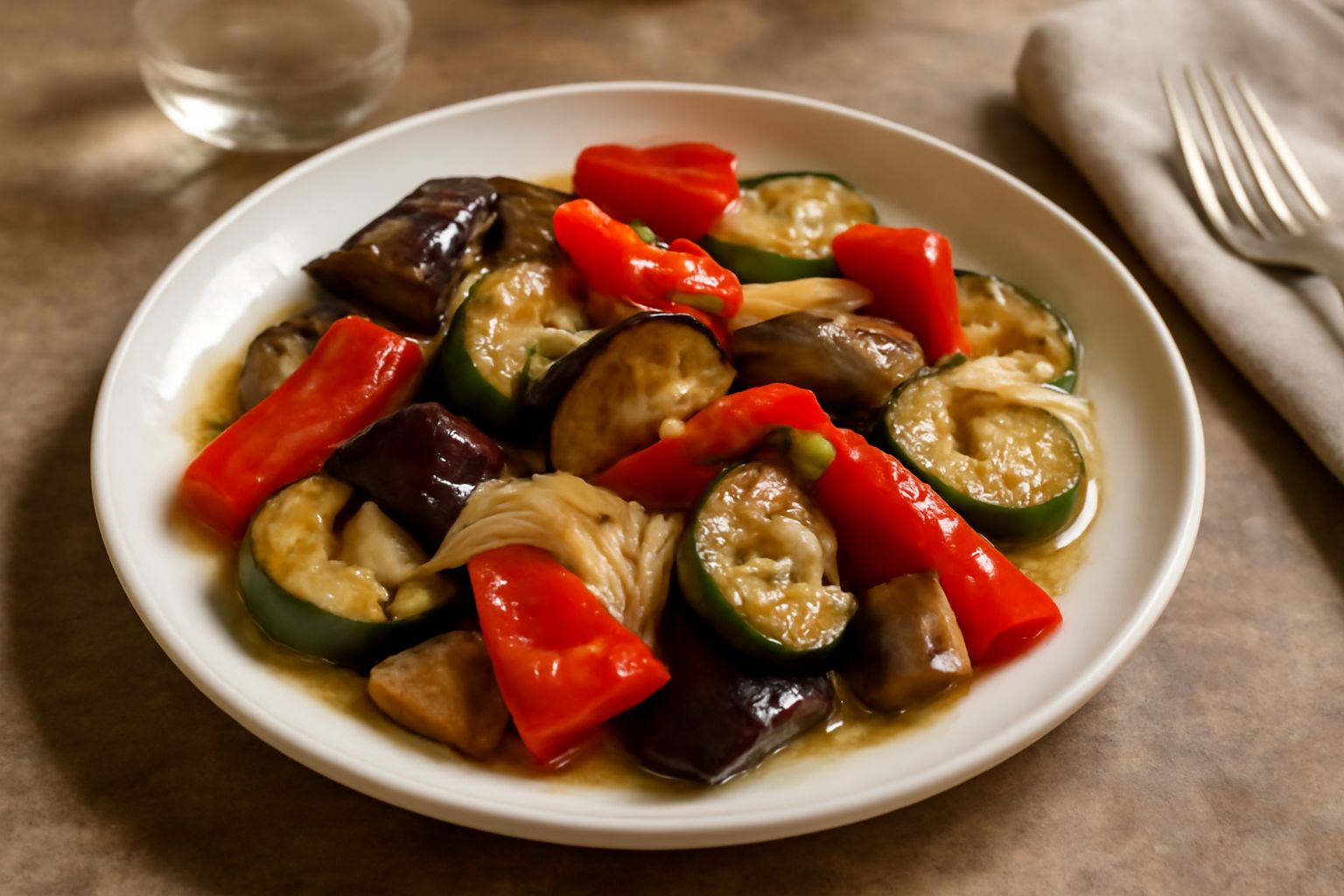 Piatto bianco con verdure marinate miste: melanzane viola, peperoni rossi e gialli, zucchine verdi, cipolla bianca e olive nere. Verdure tagliate a pezzi medi, lucide di marinata trasparente, guarnite