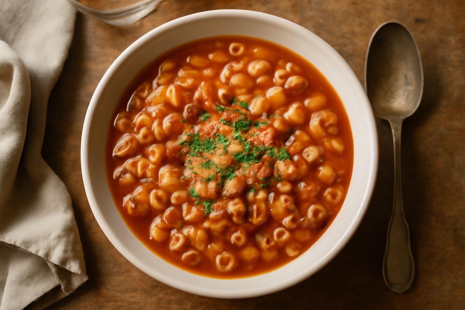 Una scodella larga bianca colma di pasta e fagioli cremosi, pasta corta integrata in un brodo denso marrone-rossiccio, fagioli cannellini visibili in superficie, gambo di prezzemolo verde e goccia di 