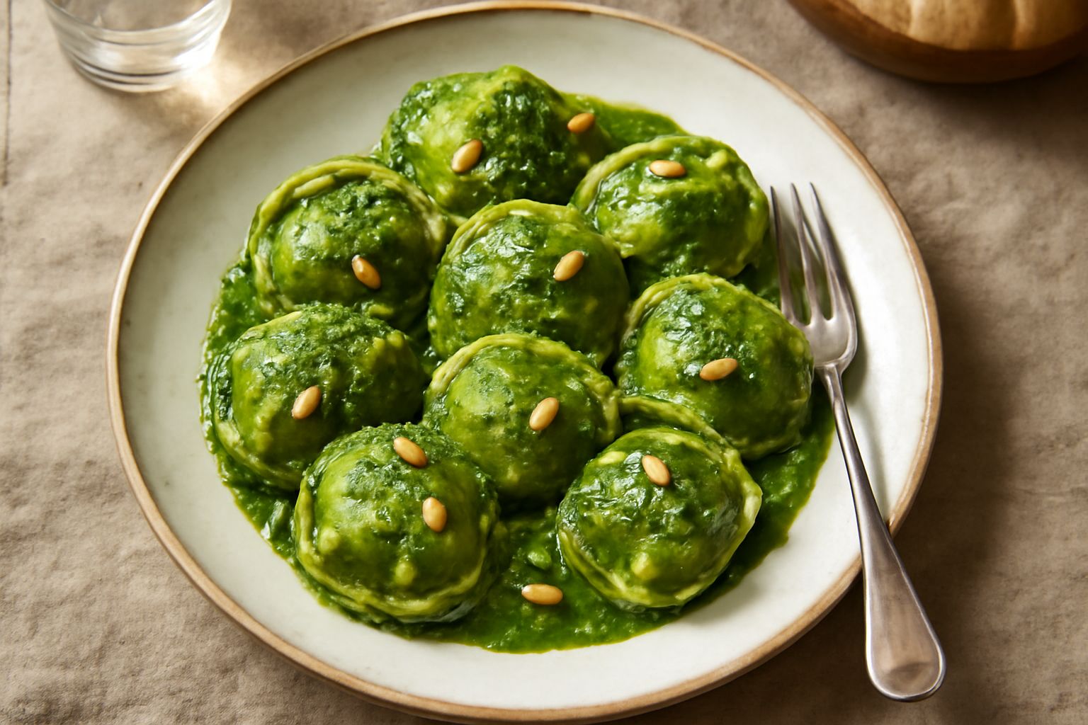 Piatto bianco con picagge verdi e gialle ricolme di verdure, condite con pesto di basilico verde brillante, contornate da foglie di basilico fresco