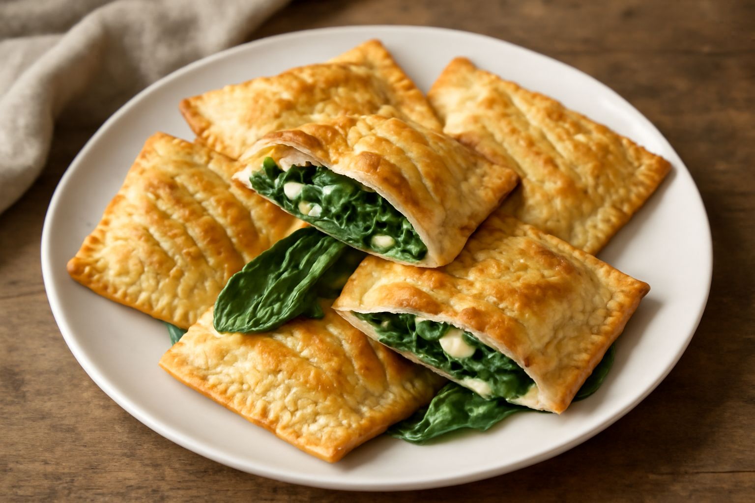 Tre picagge dorate e croccanti appoggiate su un tagliere di legno, con verdure verdi di spinaci e ricotta visibili nella spaccatura; spruzzate di olio d'oliva e sale, con basilico fresco accanto