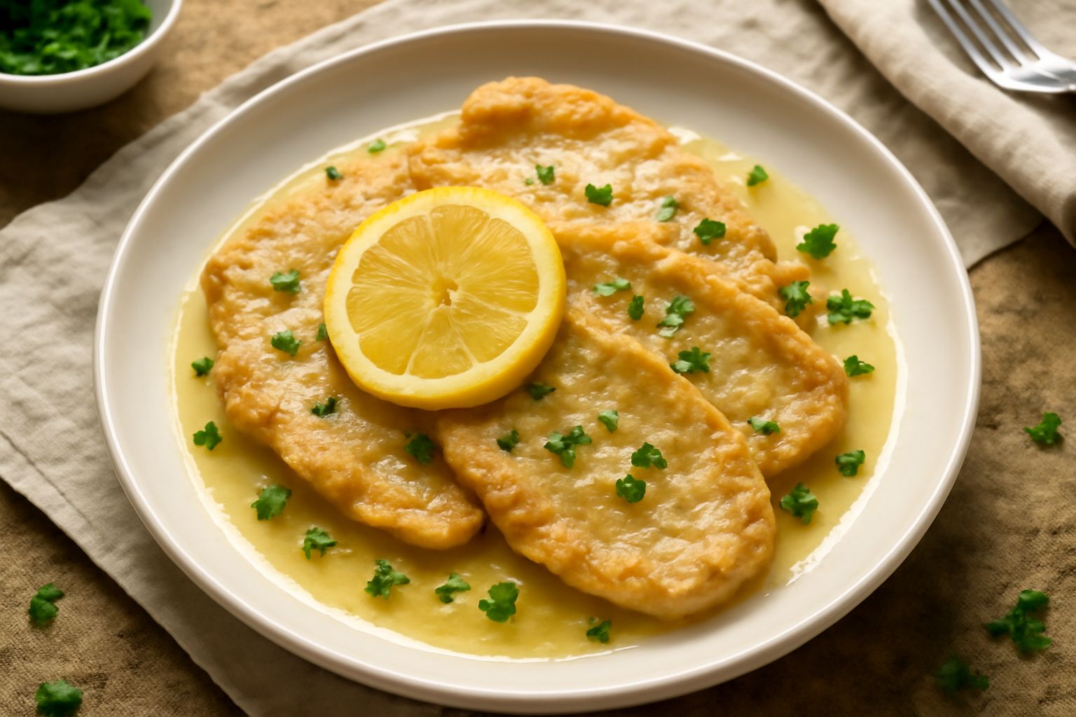 Piccata al limone servita in piatto bianco, tre fette di vitello dorate con sugo giallo limone, guarnita con rondella di limone fresco e prezzemolo verde su contorno di riso bianco