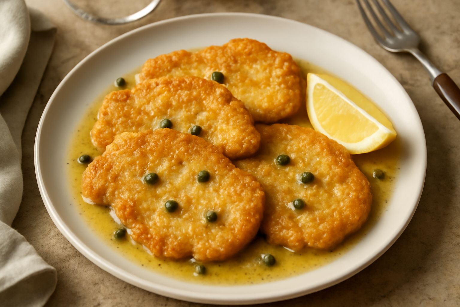 Fettine di vitello dorate in piatto bianco, coperte di salsa al limone, decorate con prezzemolo fresco e qualche cappero, contornate da limone affettato