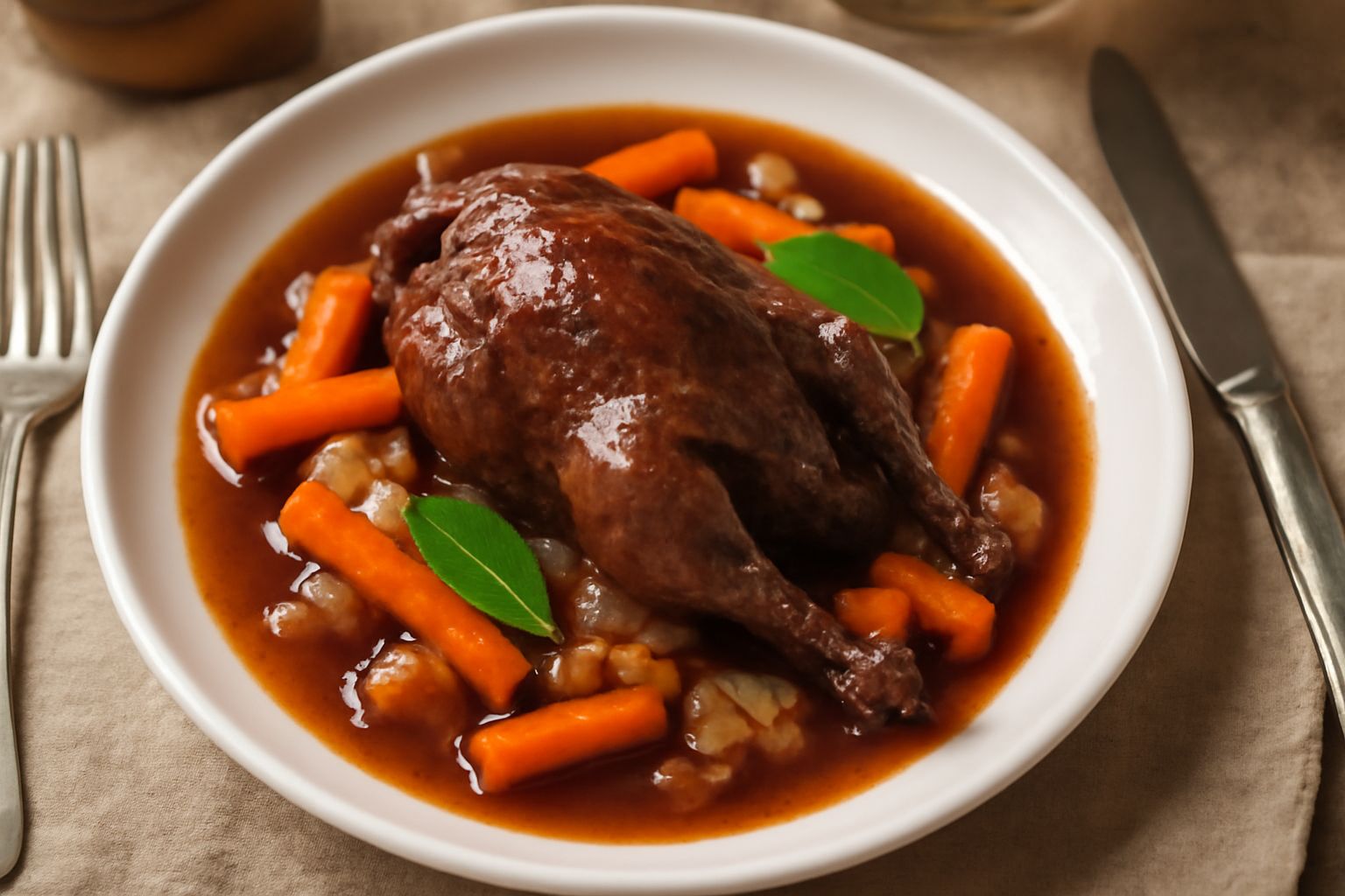Piccione in umido servito in piatto bianco con sugo di vino rosso, circondato da carote e cipolla, carne marrone scuro e brillante, un ramo di rosmarino come guarnizione