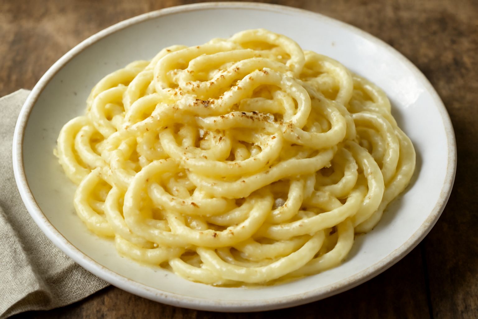 Piatto di pici biancastri e ondulati, ricoperti di salsa cremosa giallo pallido di formaggio fuso, pepe nero in grani visibili sulla superficie, burro lucente, serviti in piatto di ceramica bianca su 
