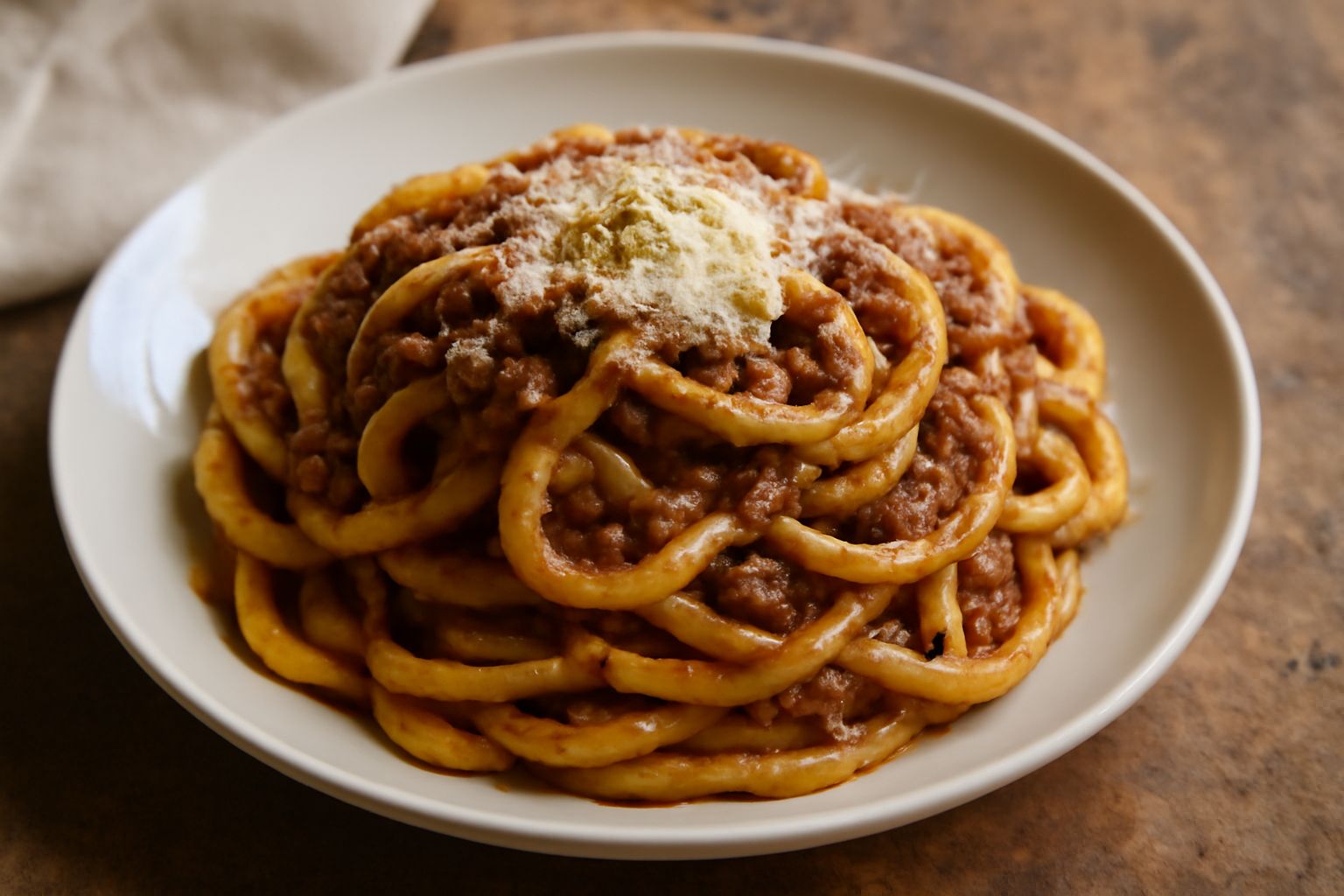 Piatto bianco con pici ondulati toscani ricoperti di ragù marrone scuro, parmigiano grattugiato bianco e basilico verde, con il piatto visto dall'alto leggermente inclinato