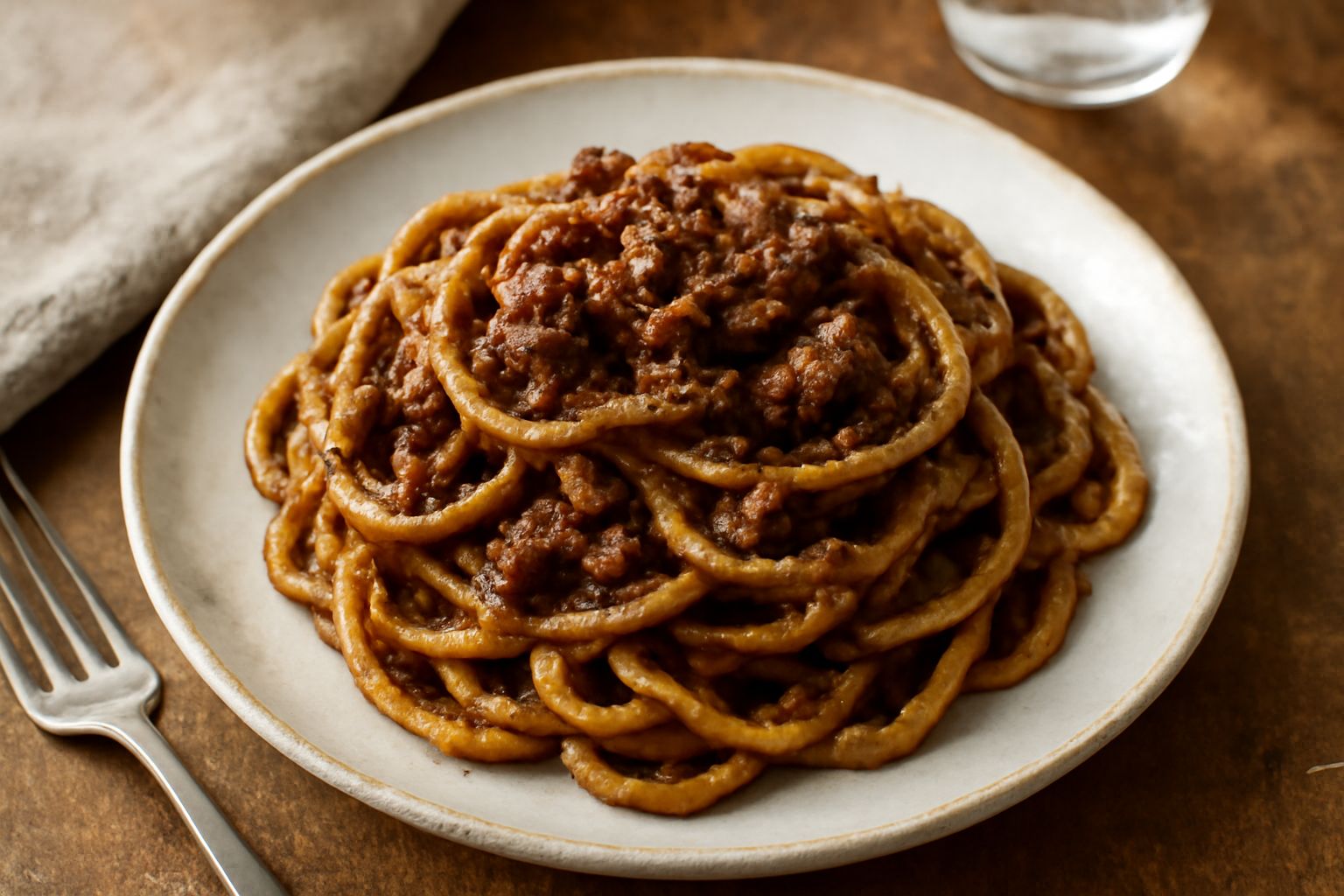 Pici lunghi e ondulati ricoperti di ragù di cinghiale denso e scuro, con particelle visibili di carne, su piatto bianco, guarniti di parmigiano grattugiato e qualche filetto di prezzemolo fresco