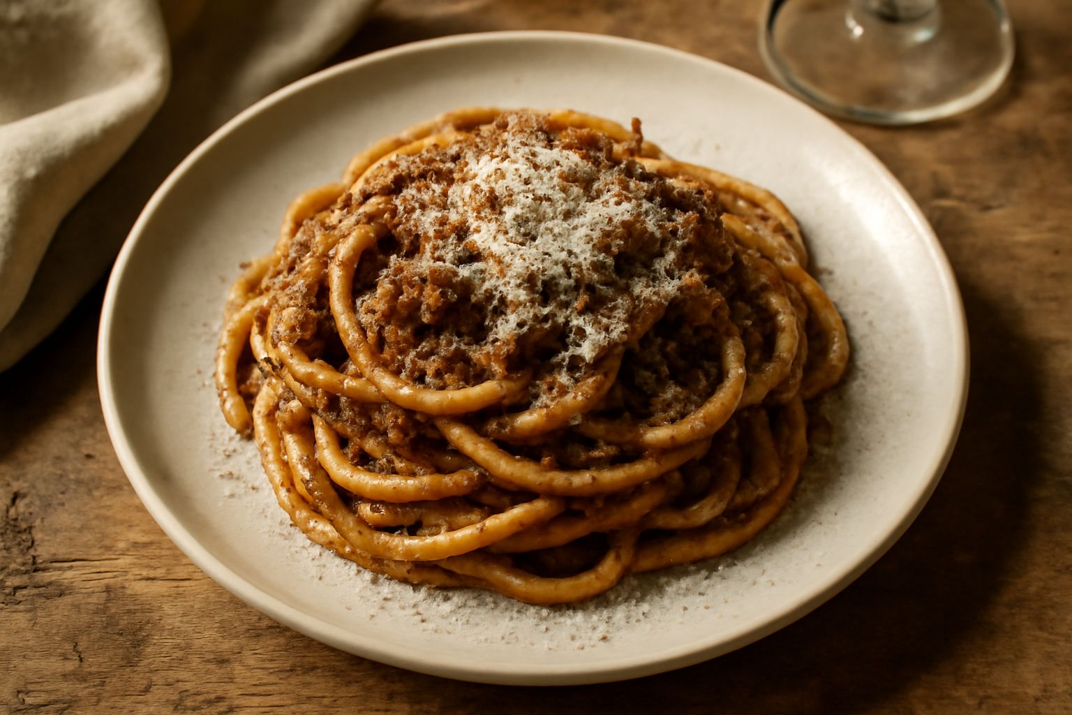 Pici al ragù di lepre serviti in un piatto di ceramica bianca, pasta avvolta attorno alla forchetta, coperta di ragù marrone scuro, con qualche fettuccina di parmigiano grattugiato e una spolverata di