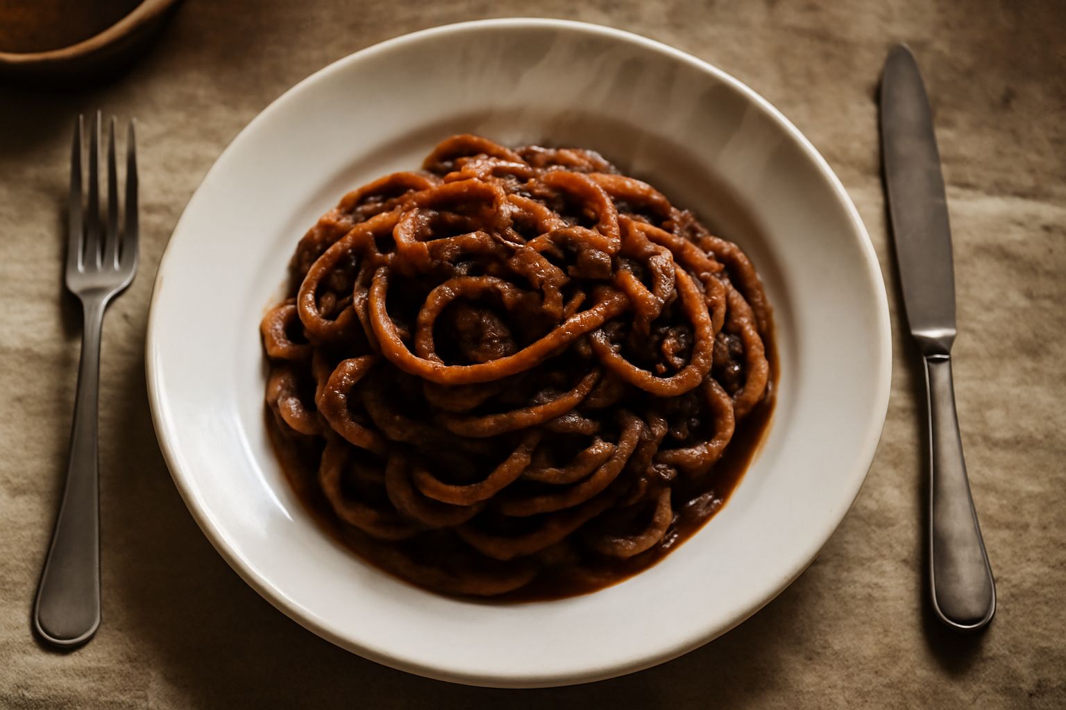 Piatto di pici al sugo di lepre: pasta bianca spessa e ondulata ricoperta di ragù marrone scuro, con grana grattugiata bianca in cima, servito su piatto bianco fondo, decorato con una foglia di prezze