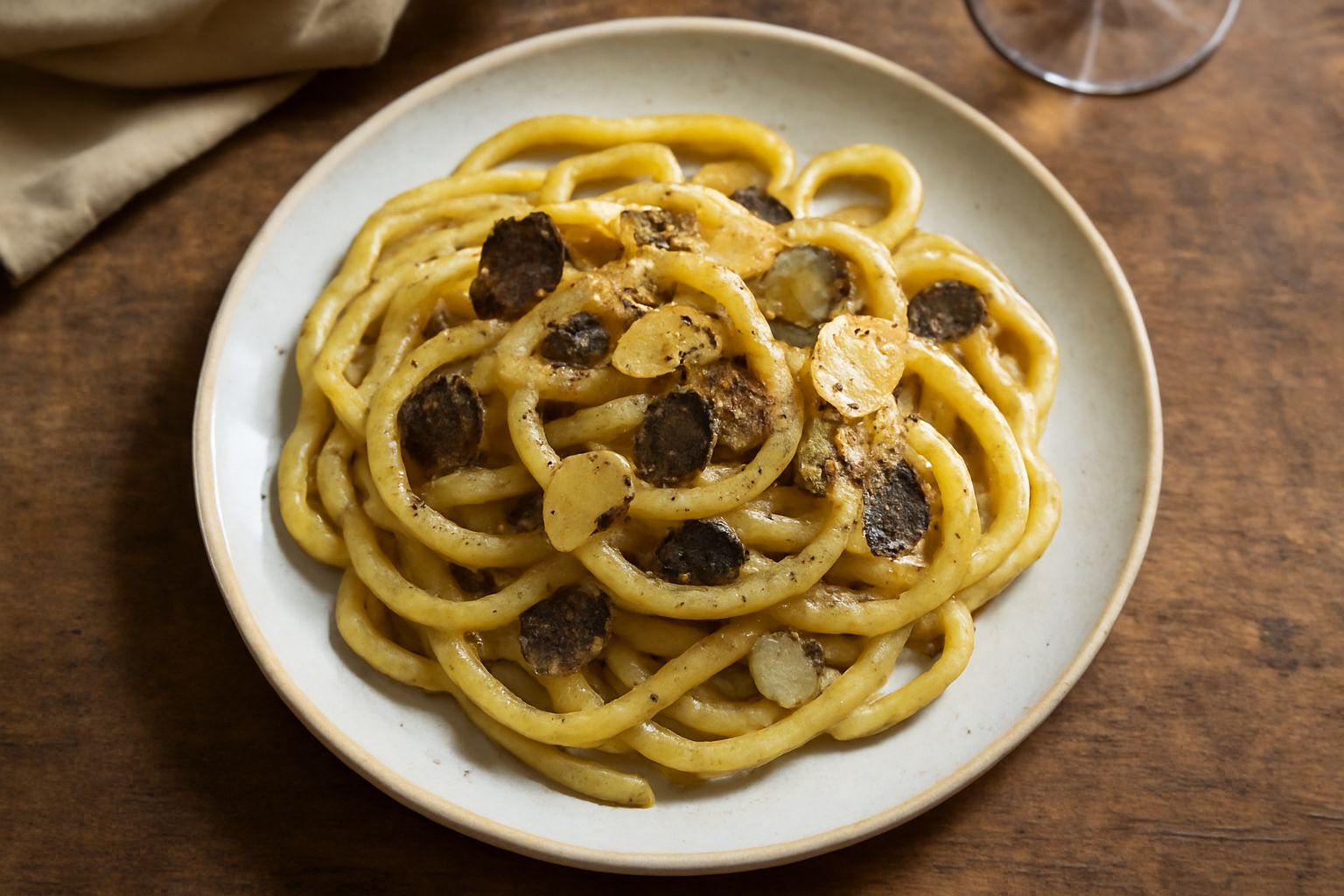 Pici bianchi e ondulati in un piatto di ceramica bianca, ricoperti di scaglie di tartufo nero, olio d'oliva lucido e formaggio grattugiato, con uno sfondo sfocato di tovaglia di lino