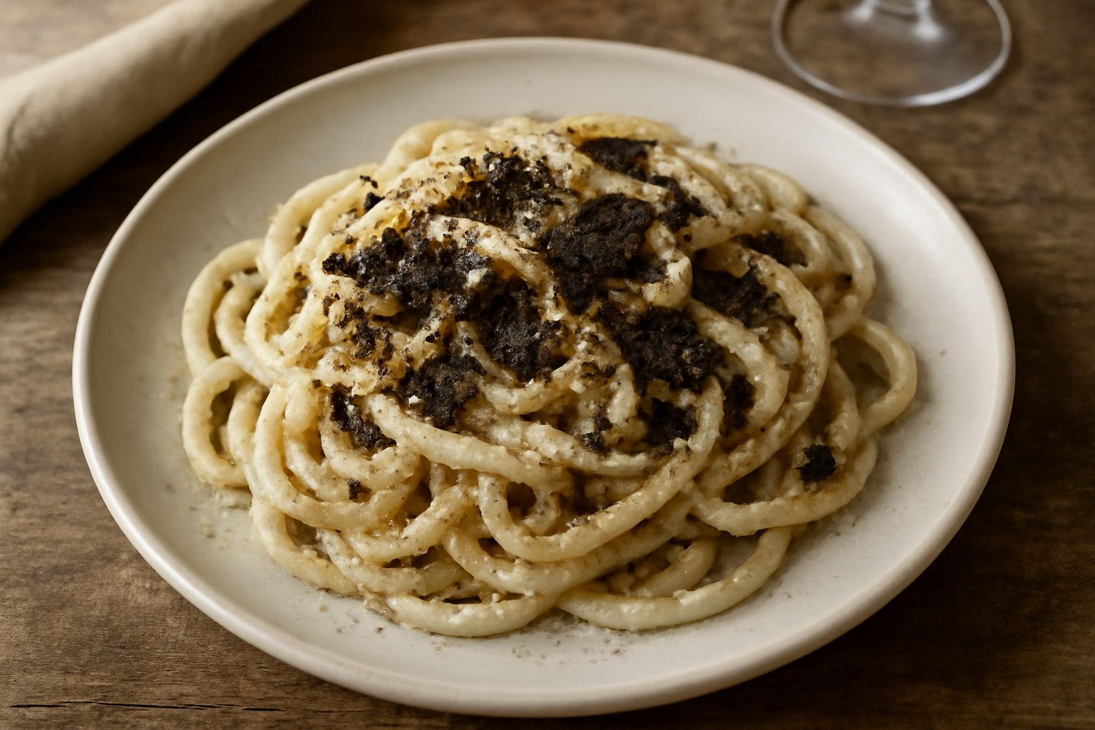Pici bianchi e spessi conditi con tartufo nero grattugiato visibile in superficie, burro lucido, formaggio grattugiato, serviti in un piatto bianco con bordo largo
