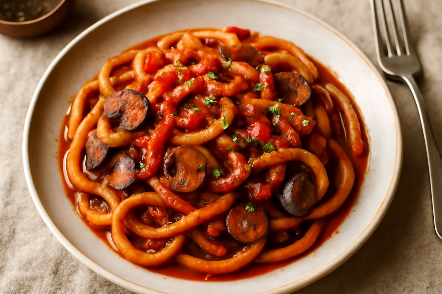 Piatto di pici alla boscaiola conditi con funghi trifolati, pancetta dorata, sugo rosso e prezzemolo fresco, serviti in un piatto bianco profondo su tavolo in legno scuro