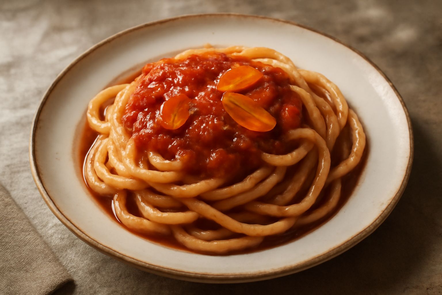 Piatto bianco con pici lunghi e ondulati ricoperti di salsa rossa e rosso mattone con aglio dorato in superficie, filo di olio verde scuro intorno, pane toscano a fianco