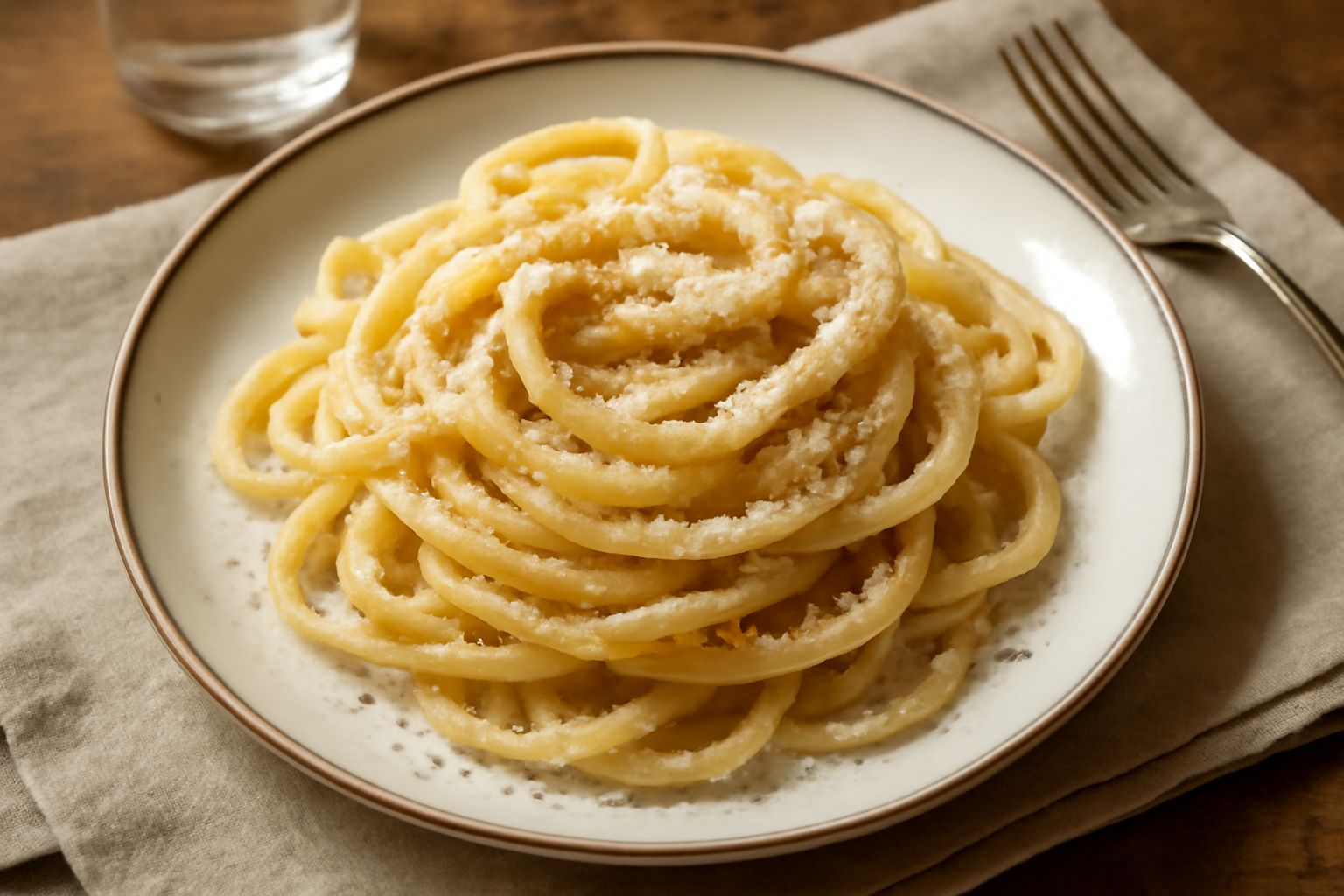 Piatto bianco con pici dorati e sinuosi ricoperti di burro fuso lucido e pecorino grattugiato in polvere fine, contorno di pepe nero macinato al momento su un tovagliolo di lino grigio