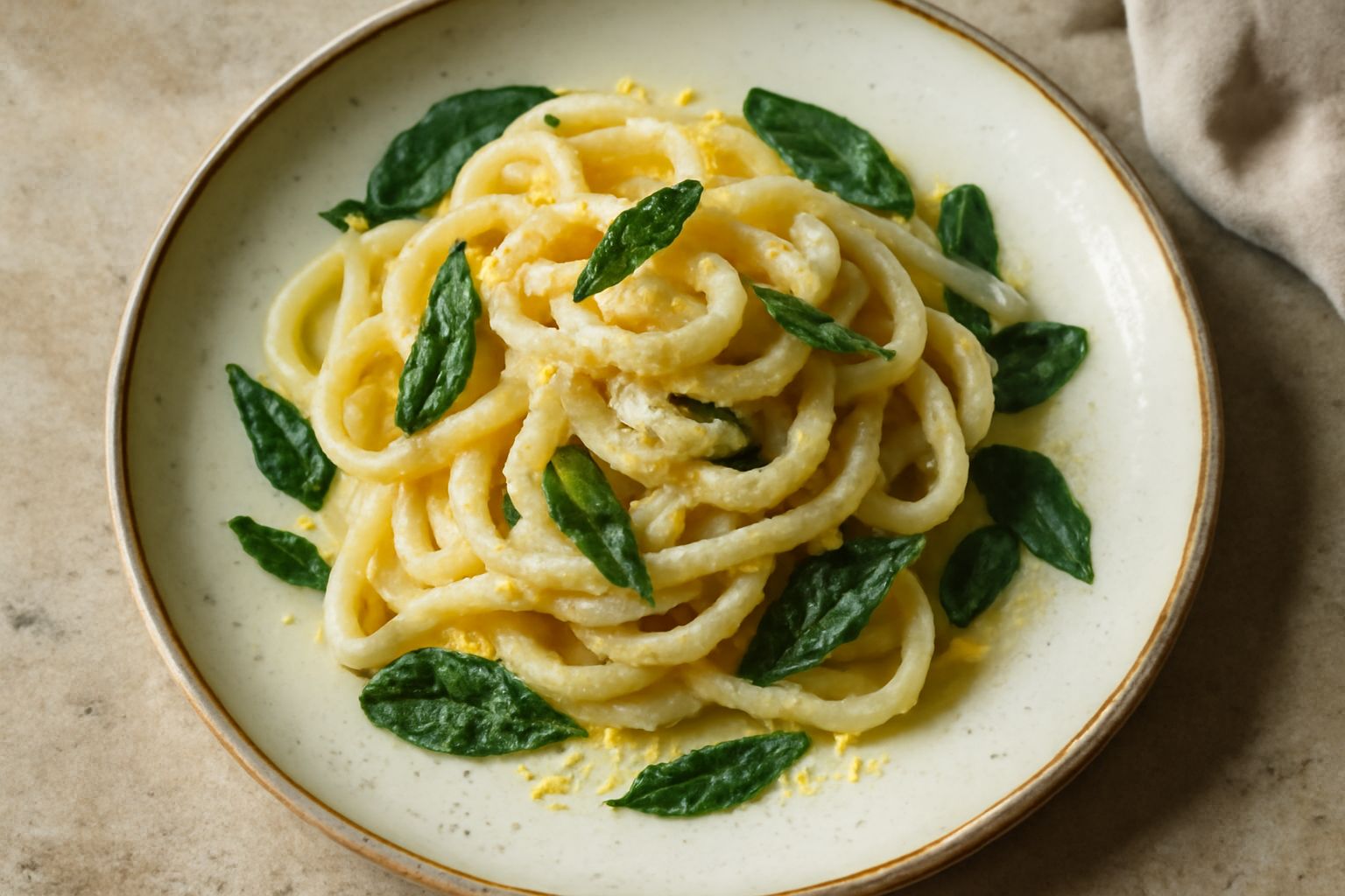 Piatto fondo bianco con pici grossi e ondulati ricoperti di burro lucido, foglie di salvia verde scuro croccante sparpagliate sulla pasta, parmigiano reggiano grattugiato fine sulla superficie dorata