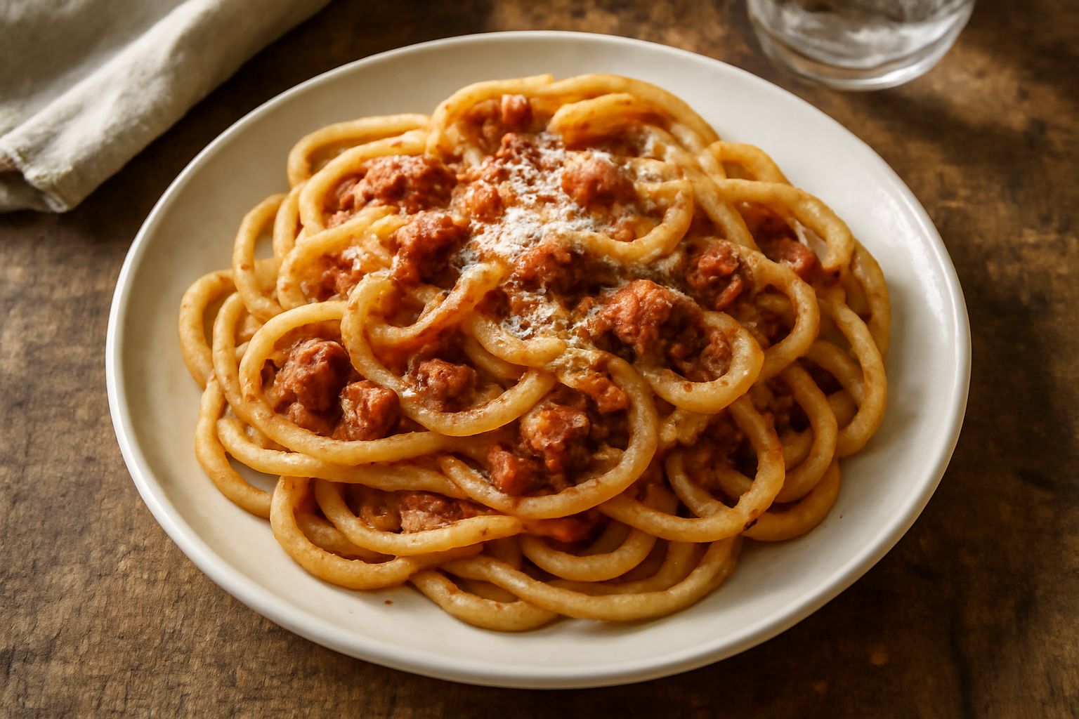 Pici calabresi serviti in un piatto bianco, spessi e ondulati, conditi con ragù rosso scuro e grattugiata di pecorino, su un tavolo di legno rustico