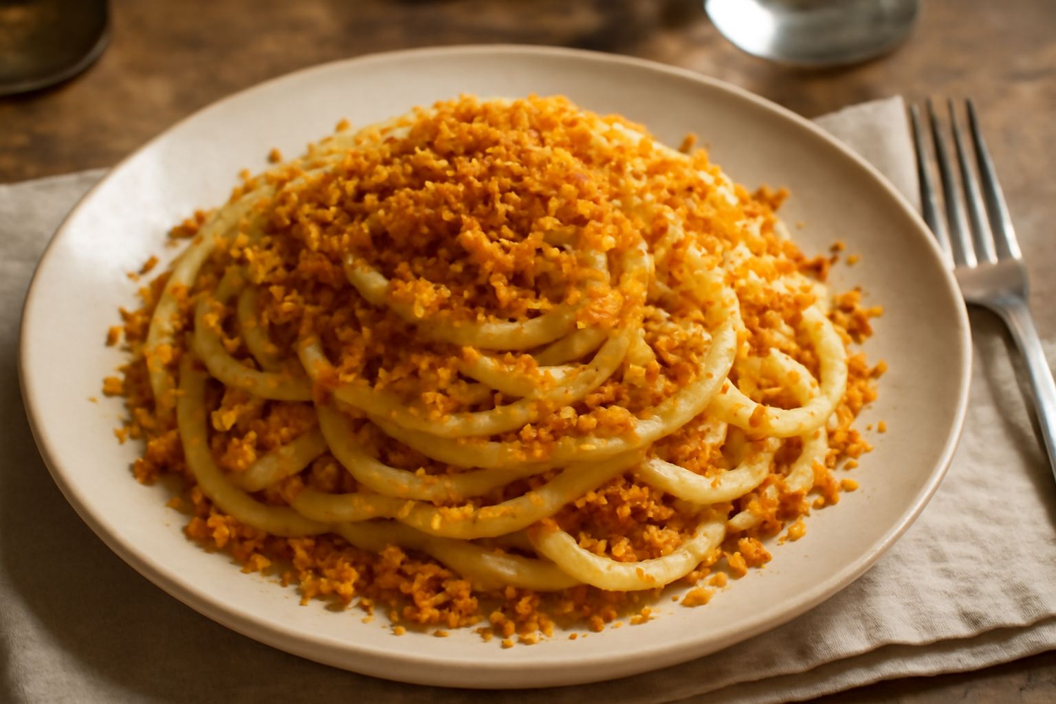 Piatto di ceramica bianca con pici gialli disposti in nido, cosparsi di briciole dorate croccanti, aglio dorato sparso in superficie, olio che luccica, fondo neutro grigio