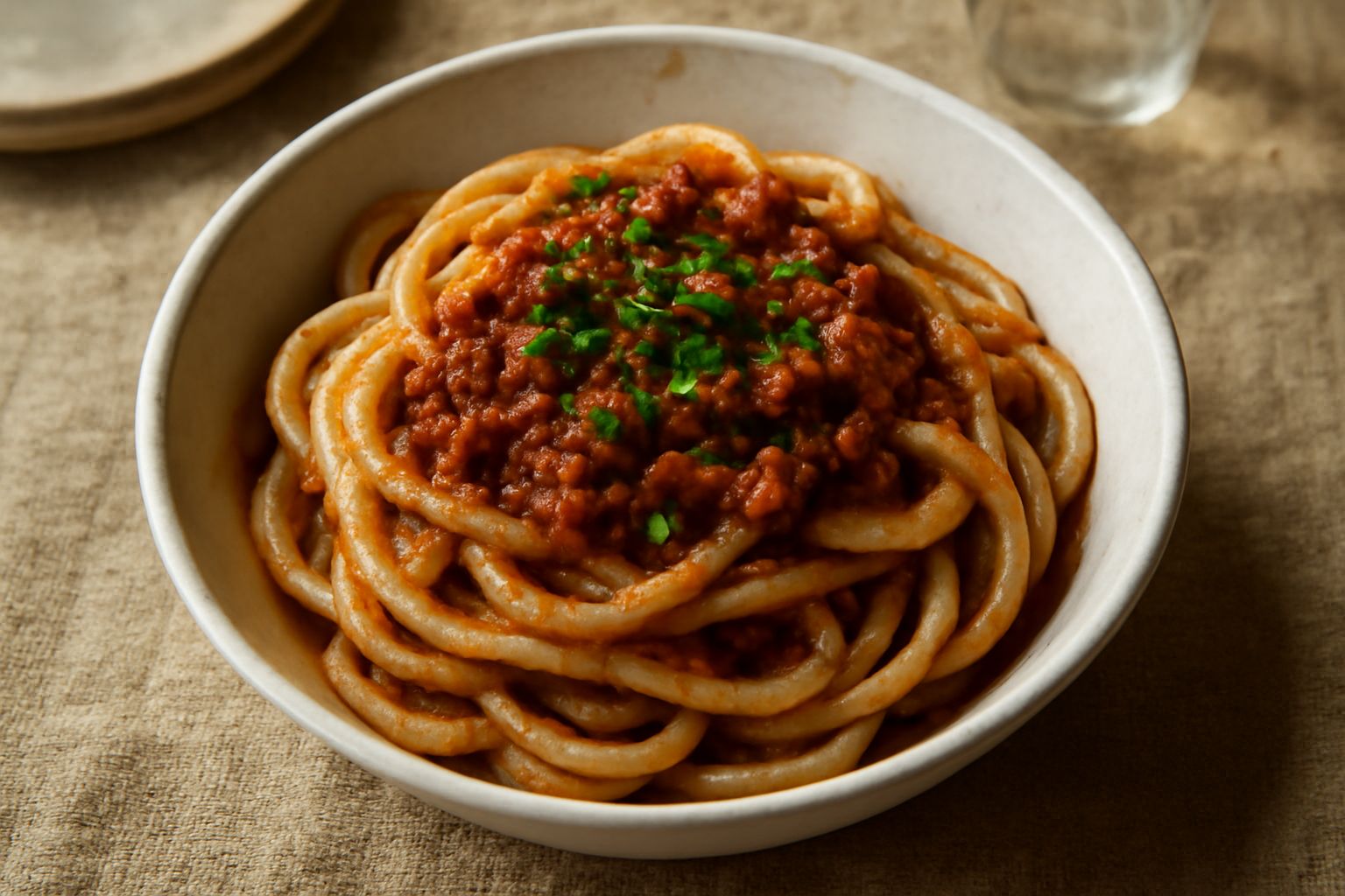 Piatto di pici toscani spessi e arrotolati, ricoperti di ragù rosso scuro con carne, aglio e prezzemolo fresco verde, serviti in ciotola bianca di ceramica