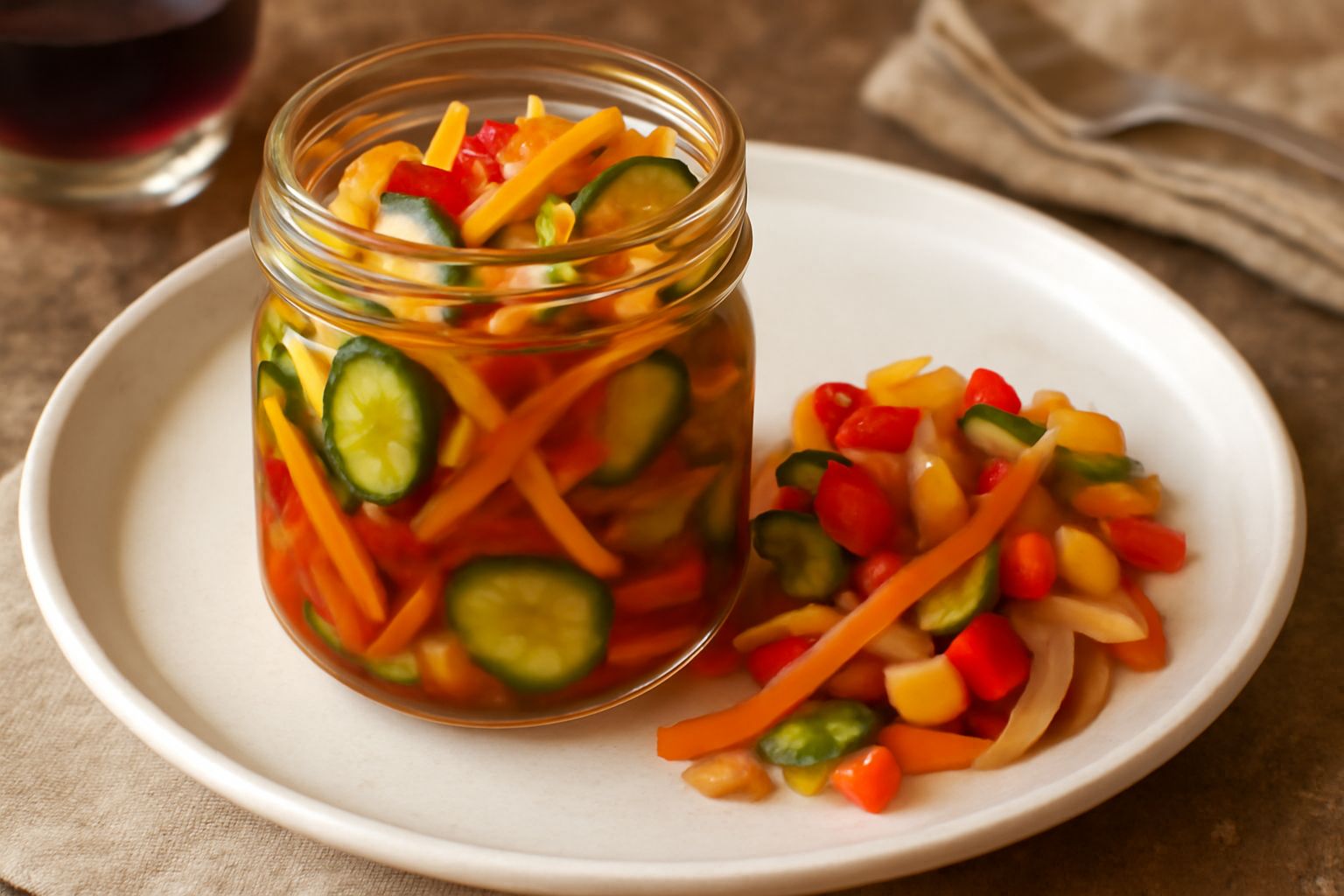 Barattolo di vetro trasparente con verdure colorate marinate: fettine di carota arancione, cetrioli verdi, peperoni rossi e gialli, cipolle bianche, immerse in liquido ambrato, con spezie visibili e f