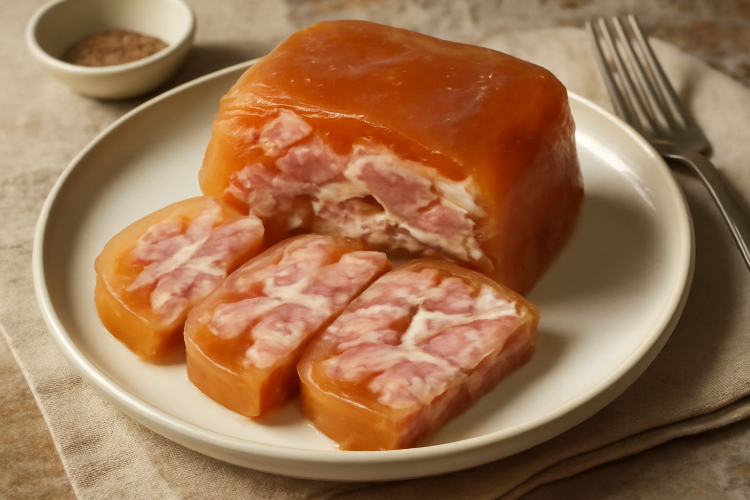 Piè di porco freddo affettato, colore ambrato semifrasparente della gelatina, carne rosa pallido e bianca, fette regolari disposte su piatto bianco con prezzemolo fresco, luce naturale
