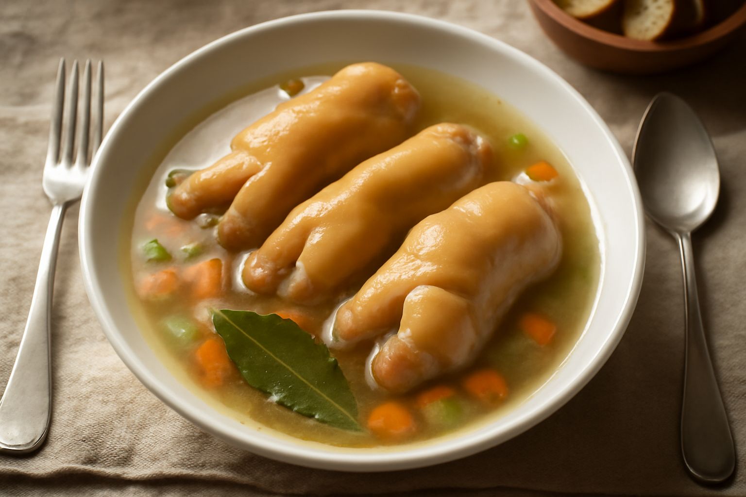 Piedini di maiale in brodo caldo, color biondo dorato, circondati da carota, sedano e cipolla in un pentolone di acciaio con vapore che sale
