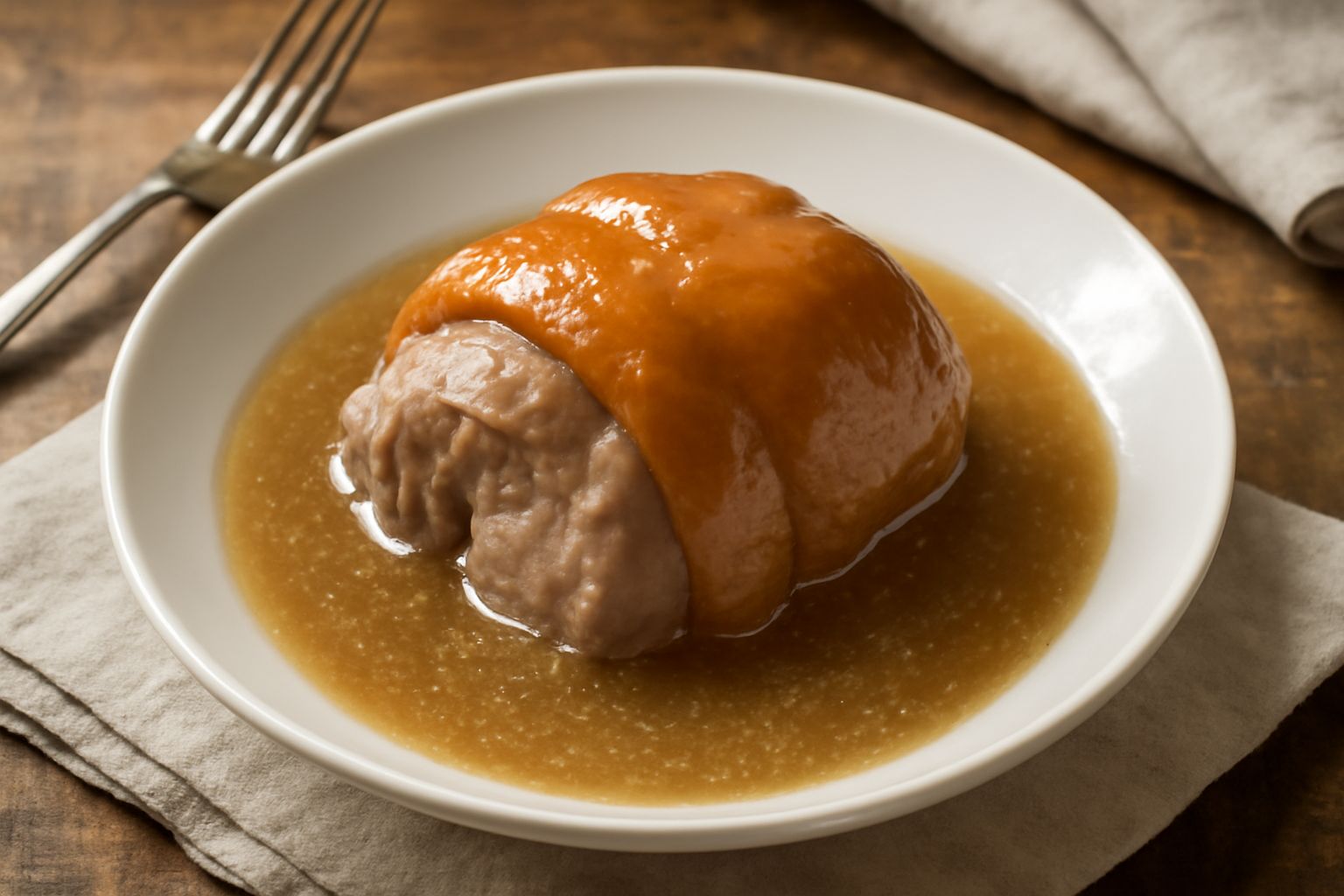 Piedino di maiale intero cotto in umido, dorato e lucido in un piatto bianco, circondato da carota, sedano e cipolla morbidi, con brodo traslucido e gelatinoso.