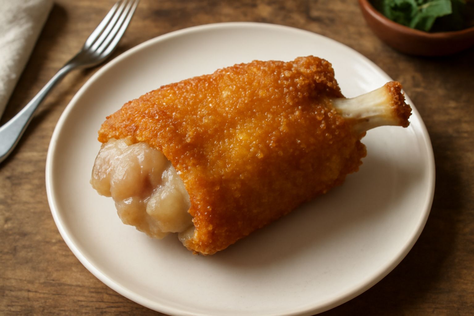 Piedino fritto dorato e croccante in un piatto bianco, guarnito con limone fresco e prezzemolo, su fondo di legno scuro