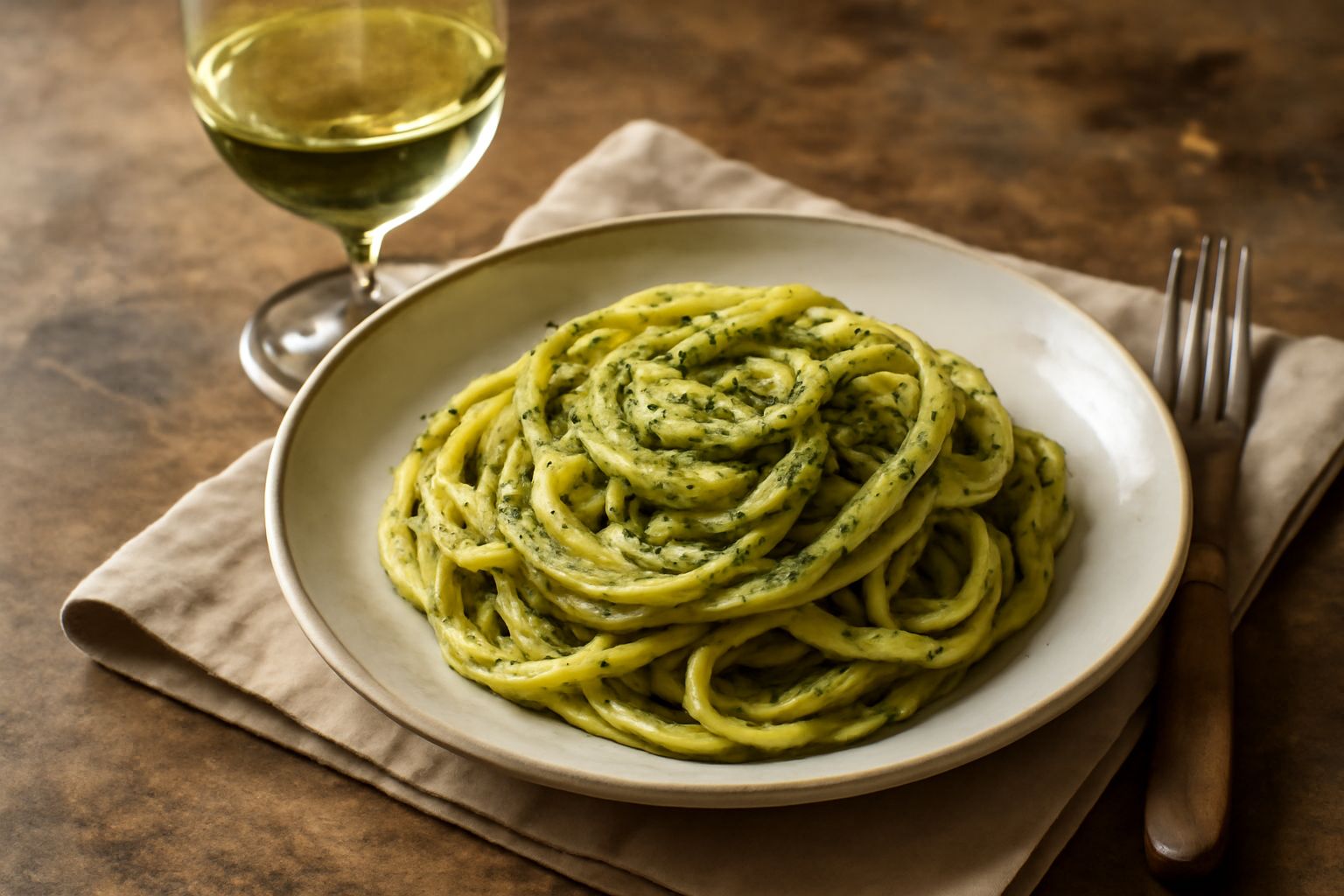 Calice di vino bianco Pigato con tonalità giallo paglierino, colmo fino all'orlo, su tavolo di legno con sfondo sfocato di cesto di mele verdi e pane bianco