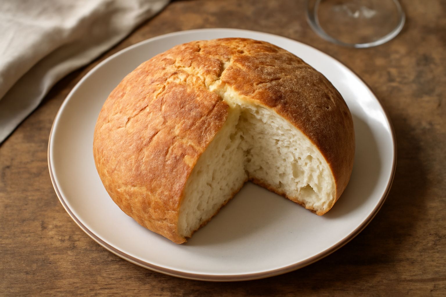 Pane piggau appena sfornato con crosta dorata e screpolature naturali, tagliato a metà per mostrare la mollica bianca e soffice, su un tavolo di legno rustico con farina sparsa