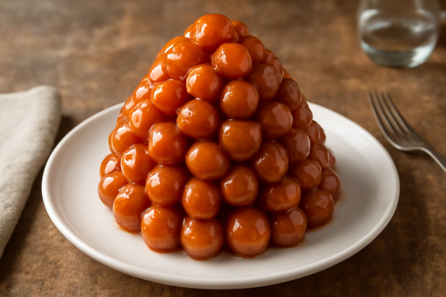 Pignolata messinese a forma di piramide dorata e lucida, con palline di pasta fritta ricoperte di glassa di zucchero e cannella, su piatto bianco
