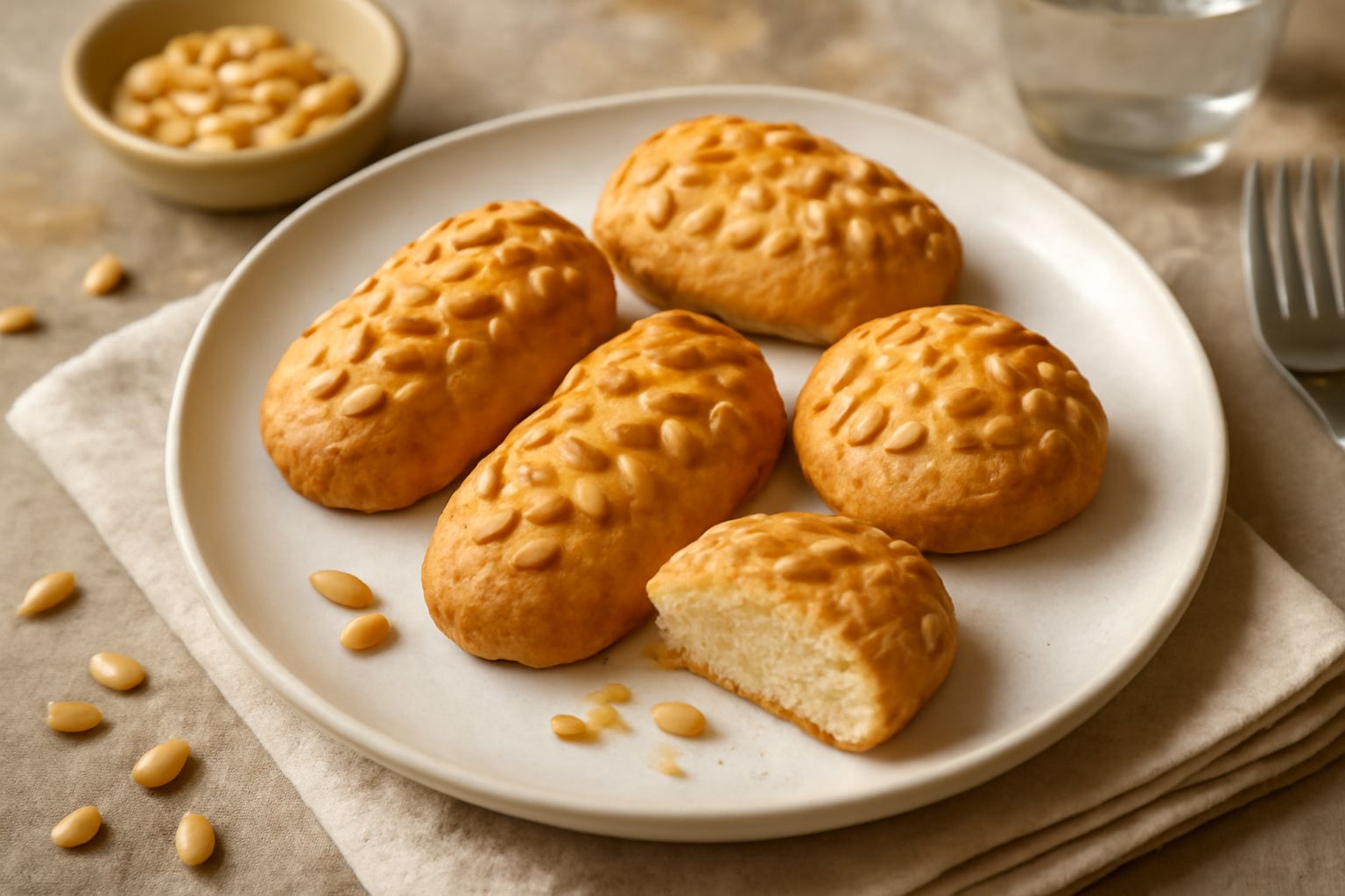 Pignoletti dorati e croccanti disposti su un piatto bianco, ricoperti di pinoli tostati, con una trama ruvida visibile sulla superficie; sfondo neutro