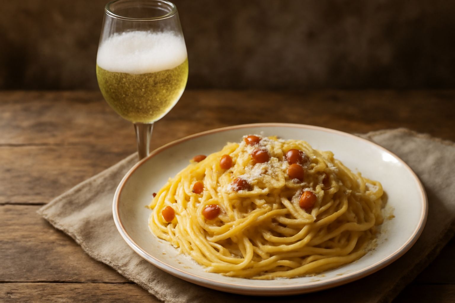 Calice di vino bianco frizzante Pignoletto con riflessi giallognoli, servito su tavolo di legno con vista sui vigneti collinari sullo sfondo, uva verde accanto