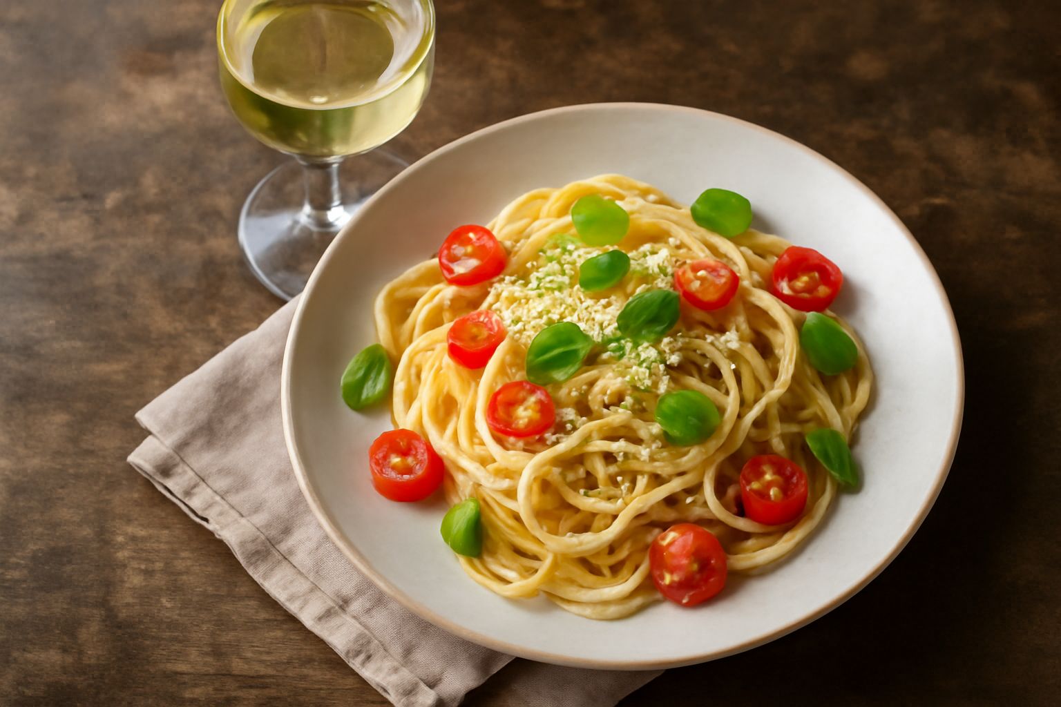 Bicchiere di vino Pignoletto bianco paglierino servito a temperatura di cantina su tavolo di legno, con uva verde sullo sfondo sfocato