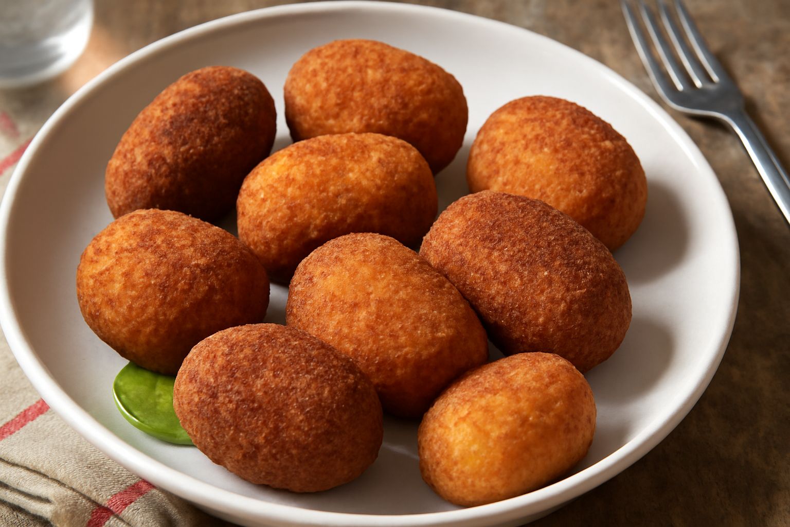 Pilchiones dorate e croccanti in un piatto di ceramica bianca, con superficie rugosa e uniforme, contornate da pomodorini freschi e una fetta di limone